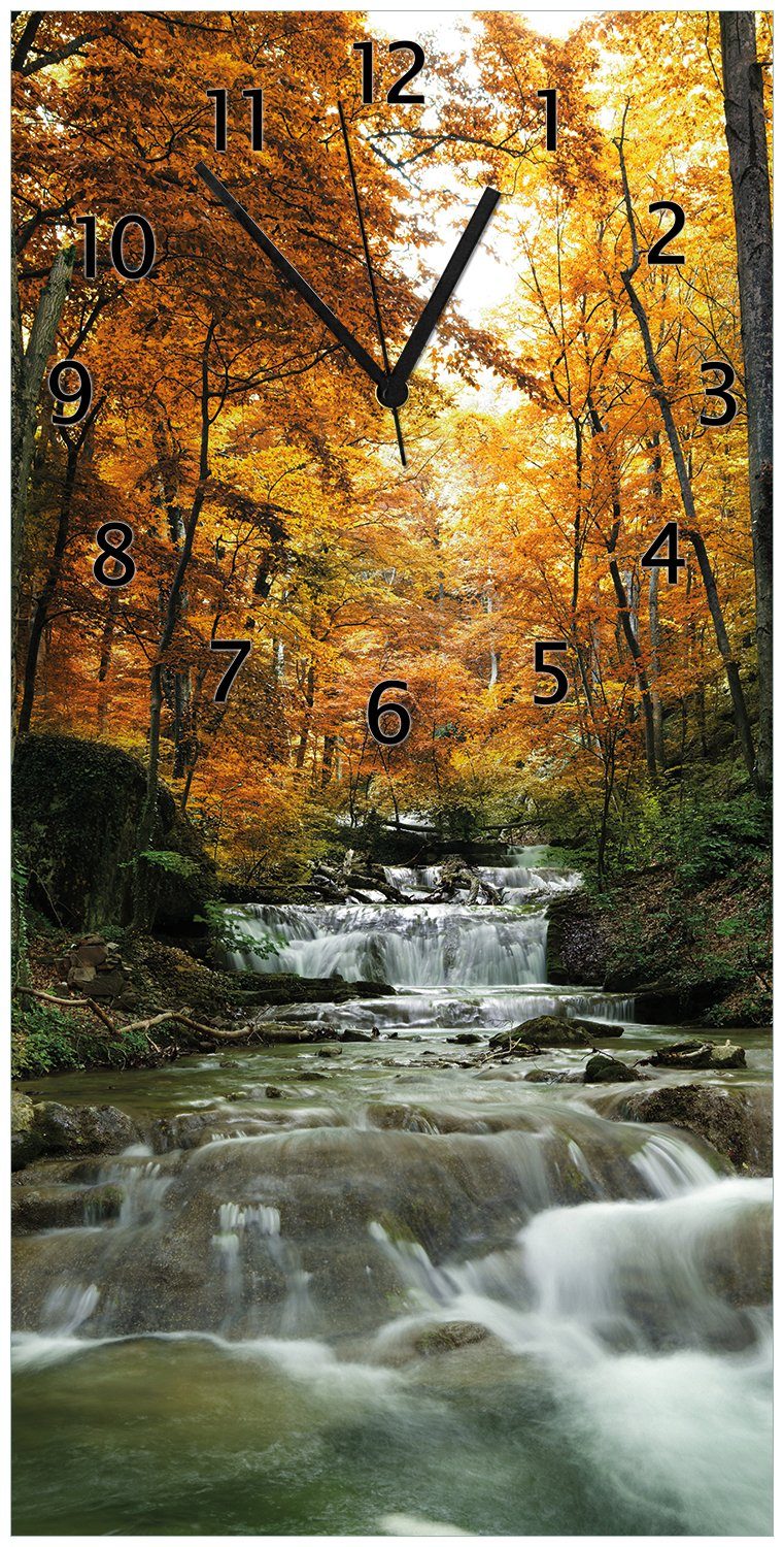 Wallario Wanduhr Kleiner Bach über Steine im Herbstwald (Uhr aus Acryl)