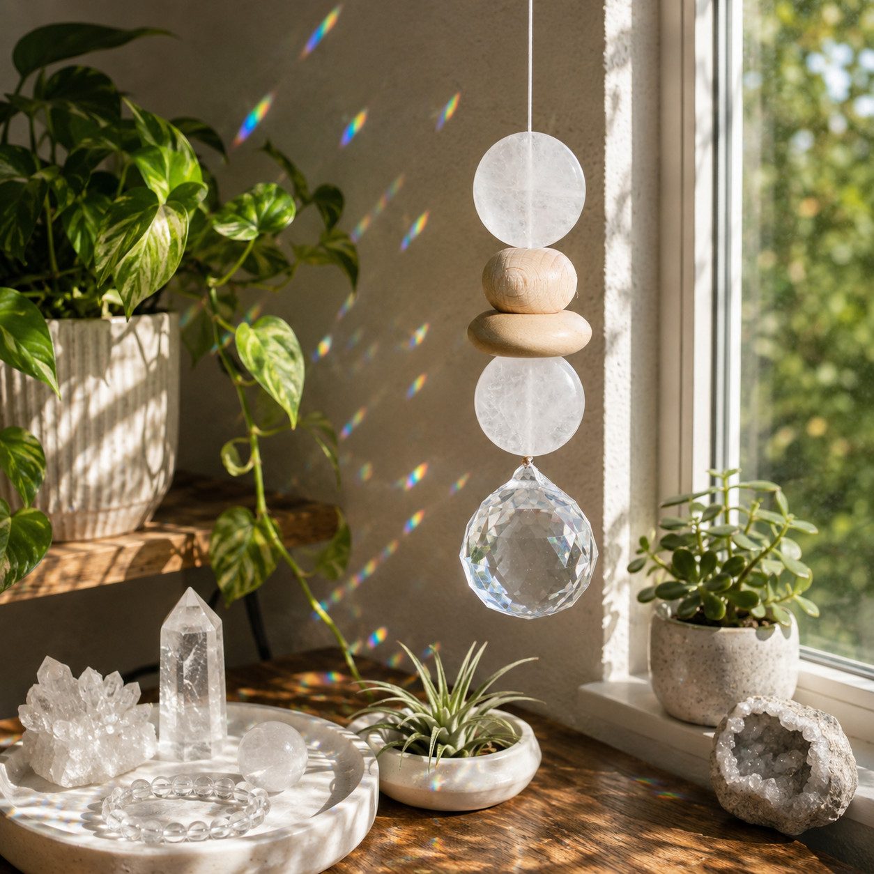 Karmandala Fensterdekoration Kristall Sonnenfänger Regenbogen Lichtfänger Edelstein Windspiel, echte Bergkristall Steine für Klarheit, Fokus und Ausgeglichenheit