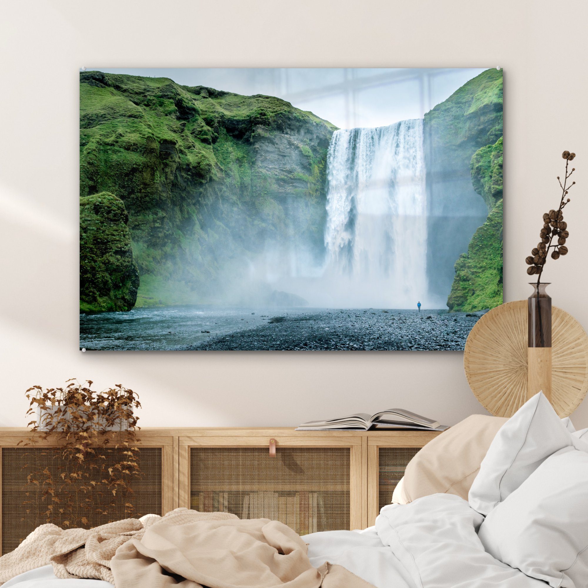 Wasserfall Island - Wohnzimmer & - Schlafzimmer Acrylglasbild MuchoWow St), Acrylglasbilder (1 Grün,