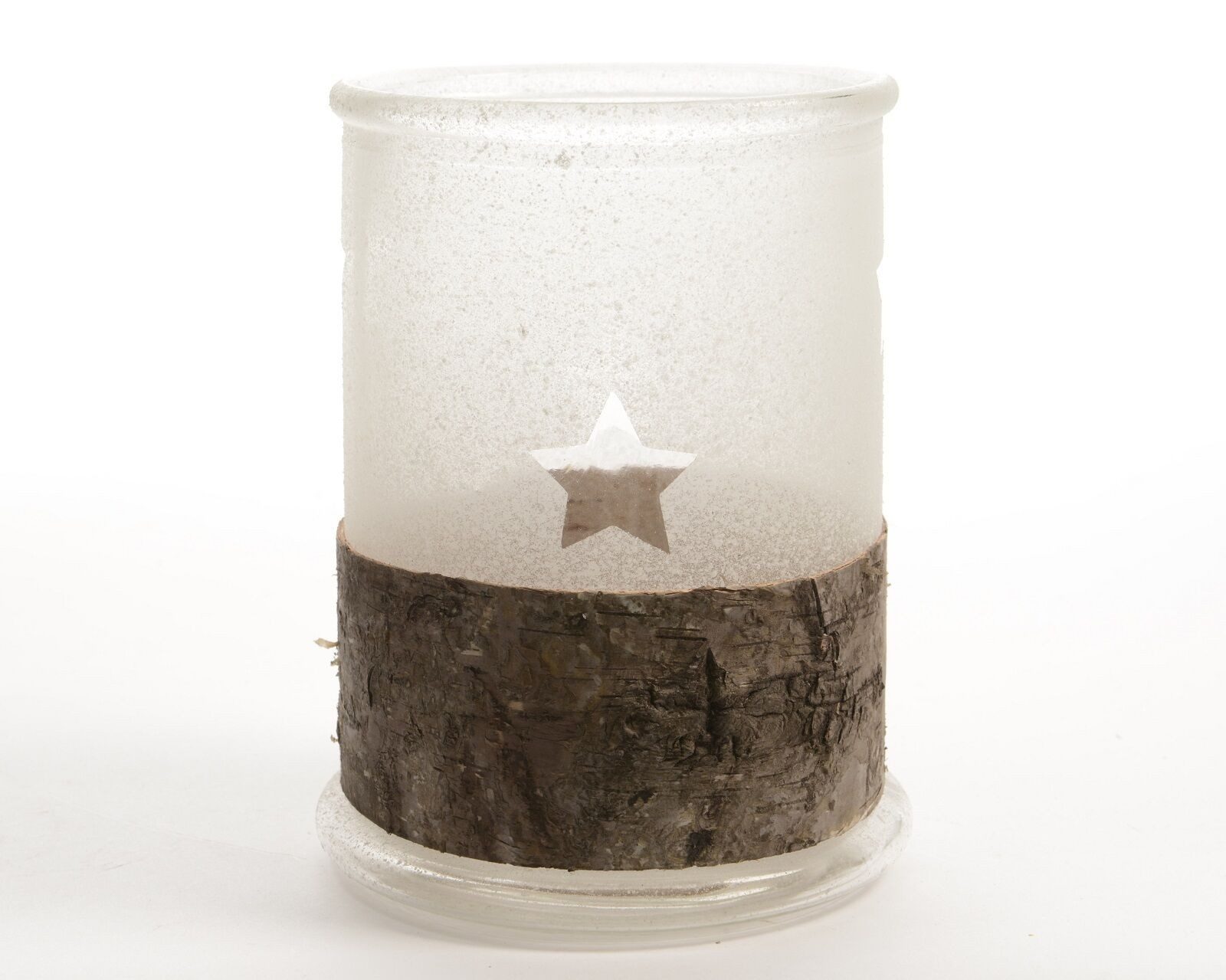 Teelichthalter Windlicht Teelicht Glas Zylinder edel mit Rinde beschneit Stern H 17cm