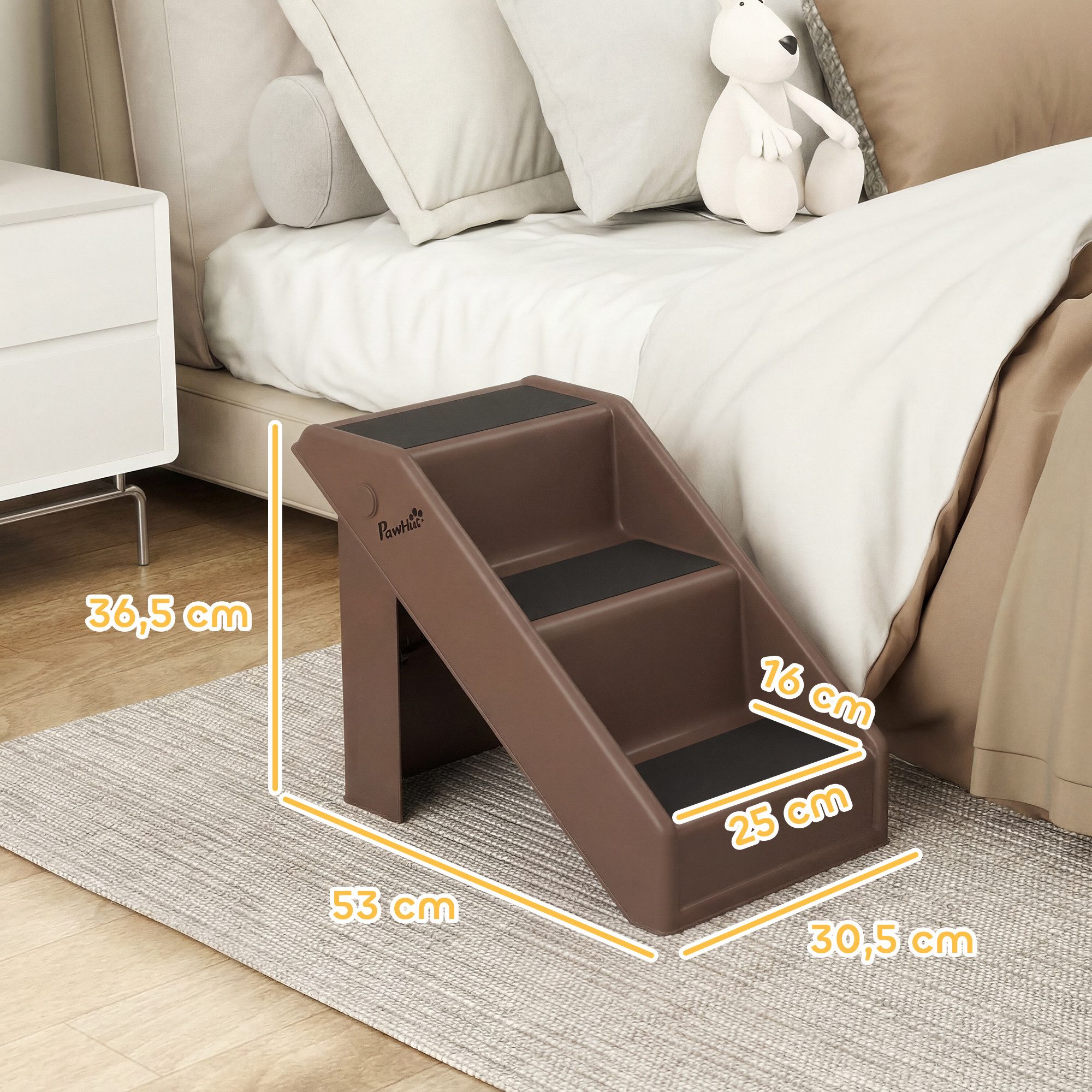 PawHut Haustiertreppe 3 Stufen 36,5 cm Hoch Hunderampe (klappbar Katzentreppe, 1-St., Hundetreppe), für Bett, Sofa, Couch und Auto Braun