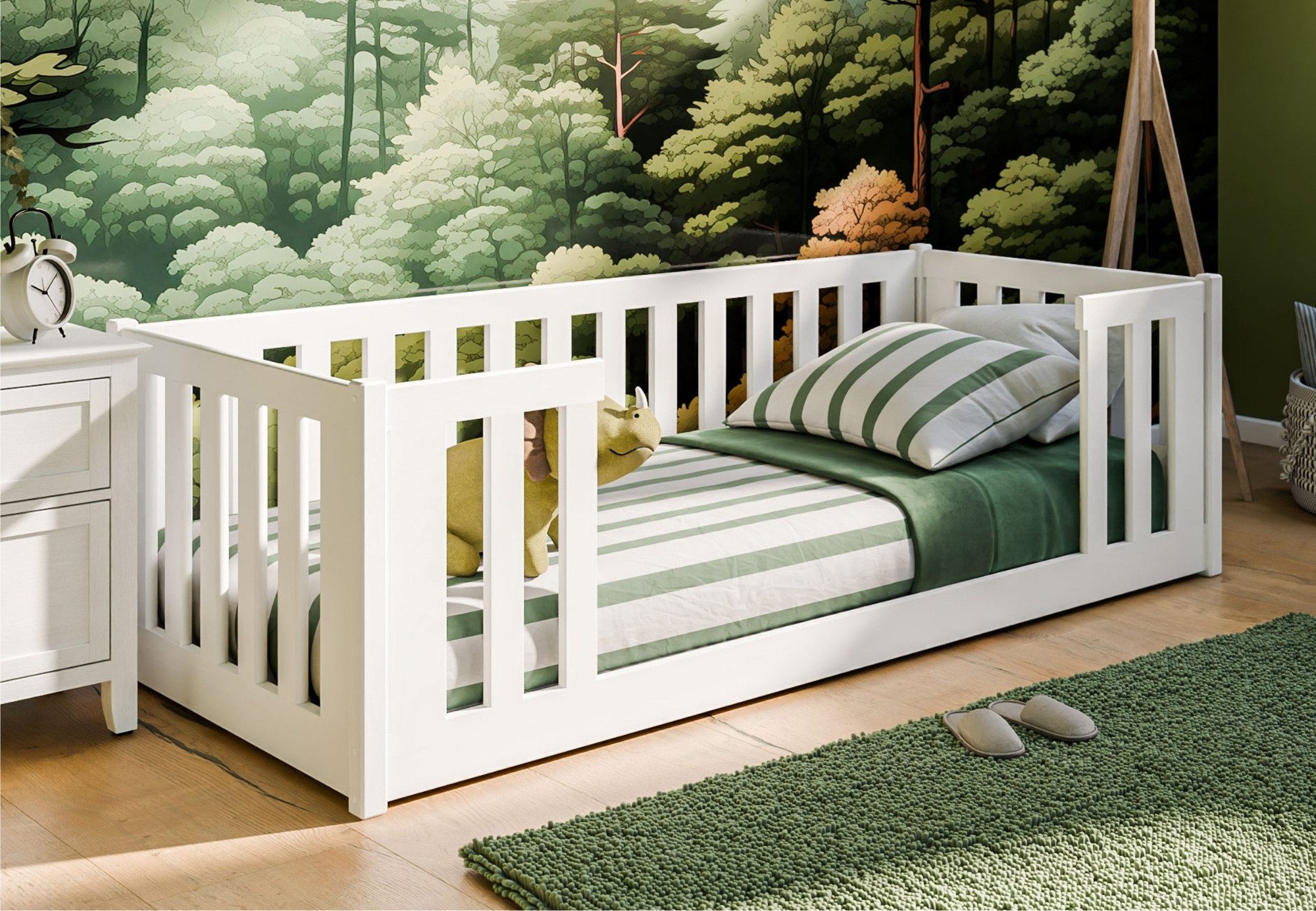Kinderbett 90x200 cm mit Rausfallschutz & Lattenrost in weiß Jugendbett