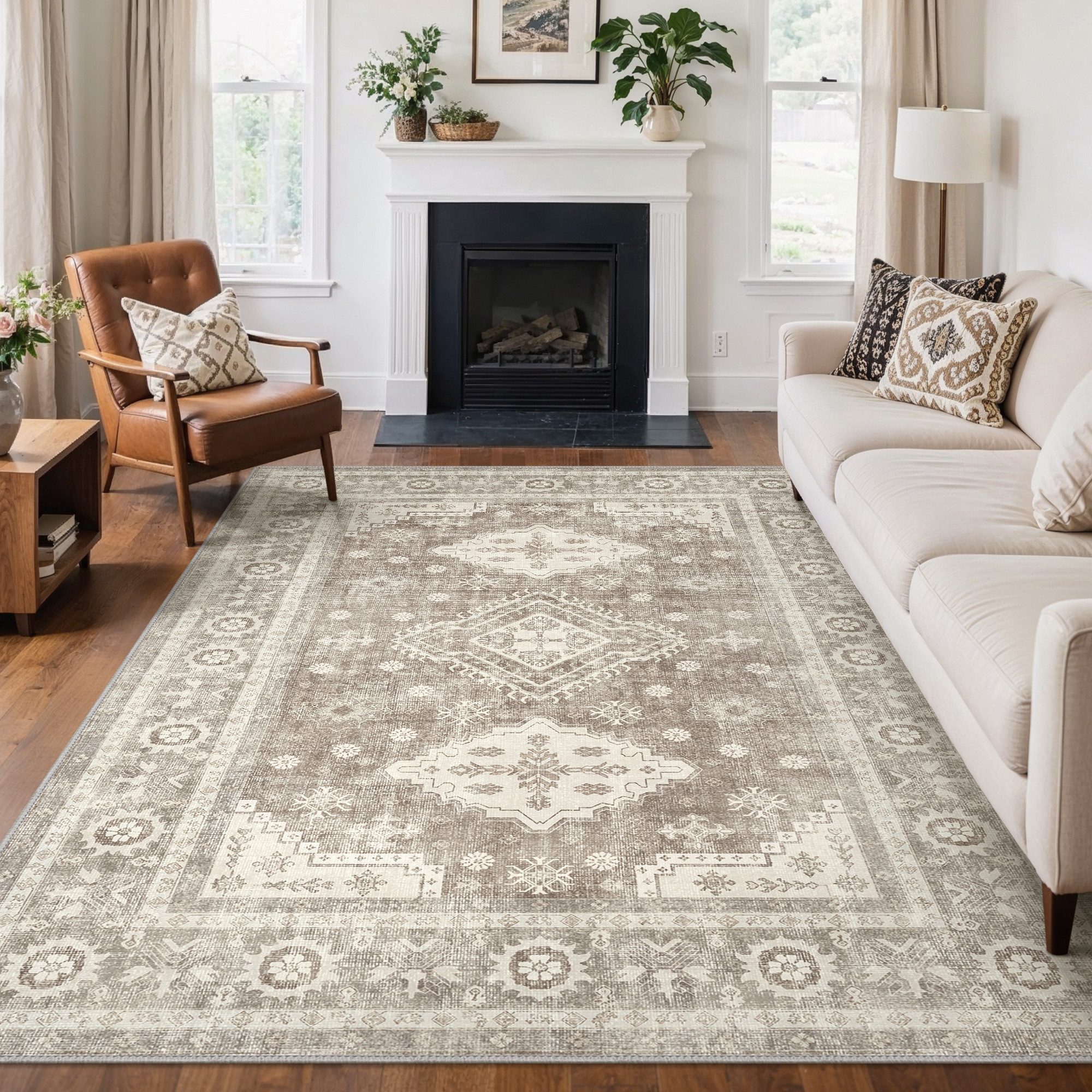 GENIMO Teppich Wohnzimmer Teppich, Boho, Kurzflor, waschbar, rutschfest, rechteckig, 160x230cm, braun