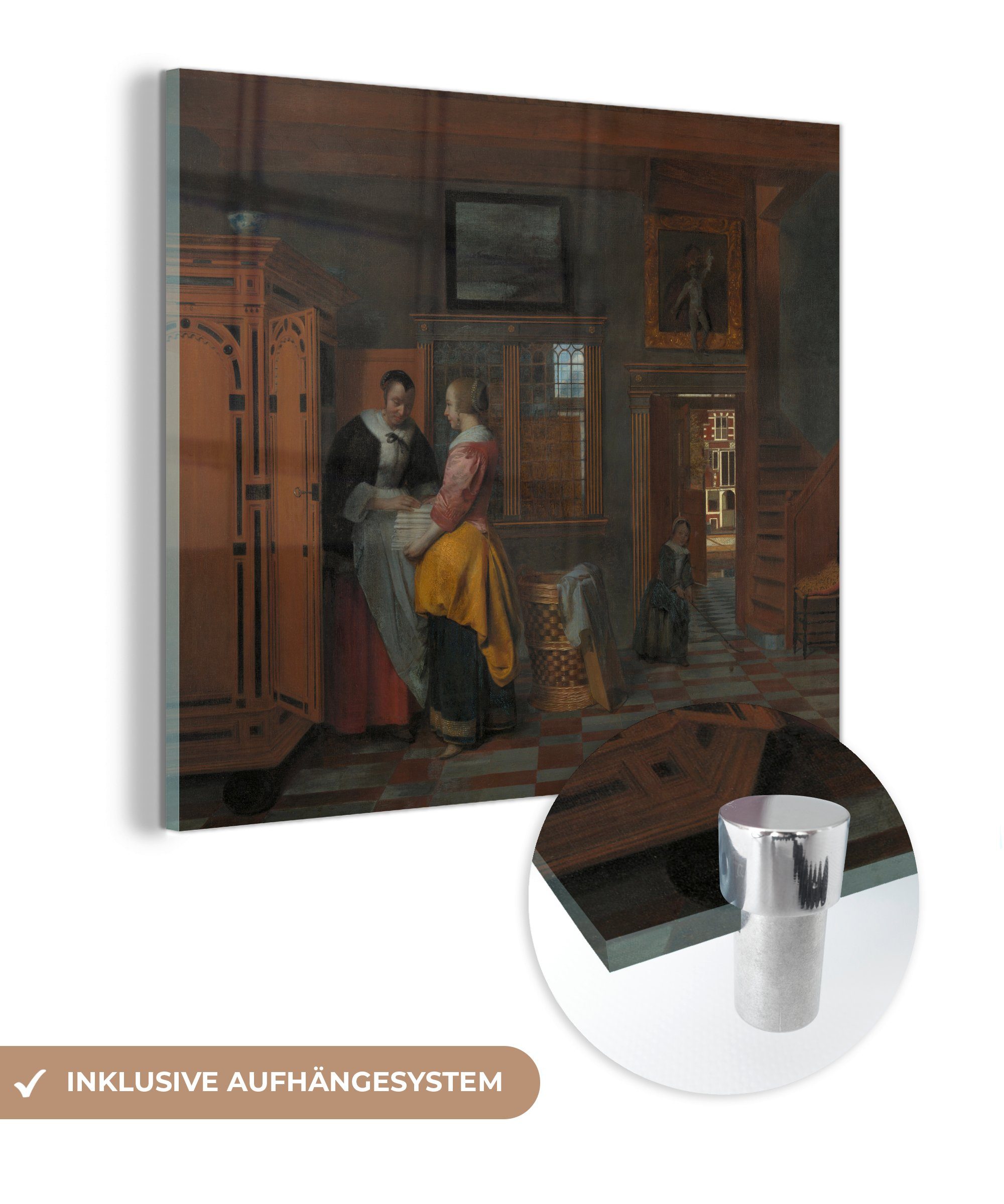 MuchoWow Acrylglasbild Interieur mit auf - von einem Glasbilder - - Pieter Glas Wäscheschrank Wandbild St), Frauen (1 - Gemälde bei auf Foto Glas Wanddekoration de, Bilder