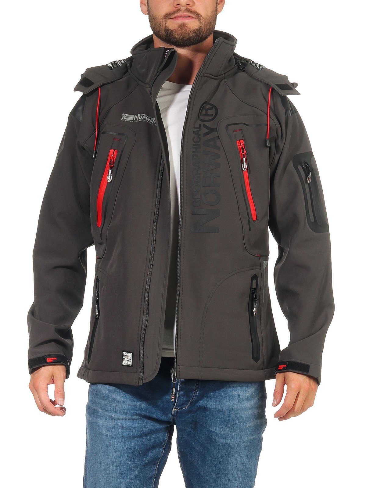 Geographical Norway Softshelljacke Herren Softshell Wander Sport Übergangsjacke Trekking Jacke in Unifarbe, mit abnehmbarer Kapuze, mit Stehkragen
