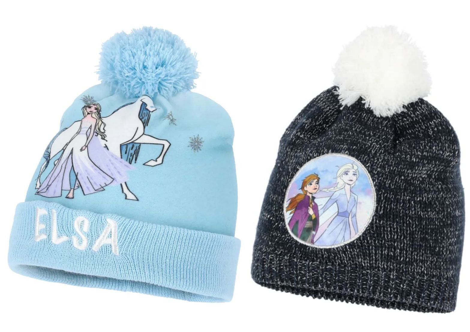 Disney Frozen Bommelmütze 2x Wintermützen Frozen Anna + Elsa Mädchen Kinder Mützen Gr. 52 + 54 lizensierter Druck Disney Frozen