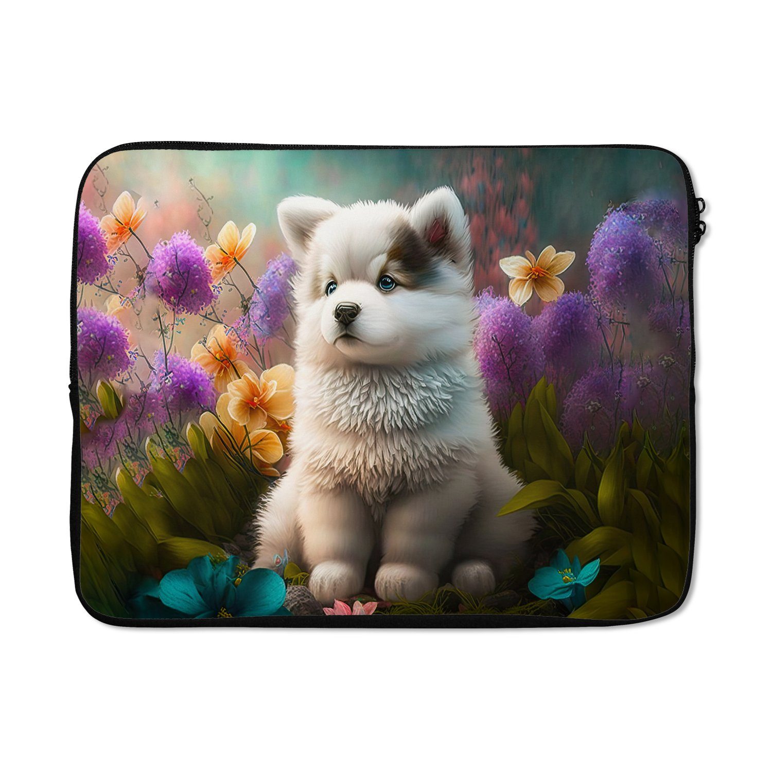 MuchoWow Laptop-Hülle Welpe - Blumen - Pflanzen - Natur - Husky 15 Zoll, Schutzhülle für Laptop, Schutz gegen Kratzern, Laptoptasche