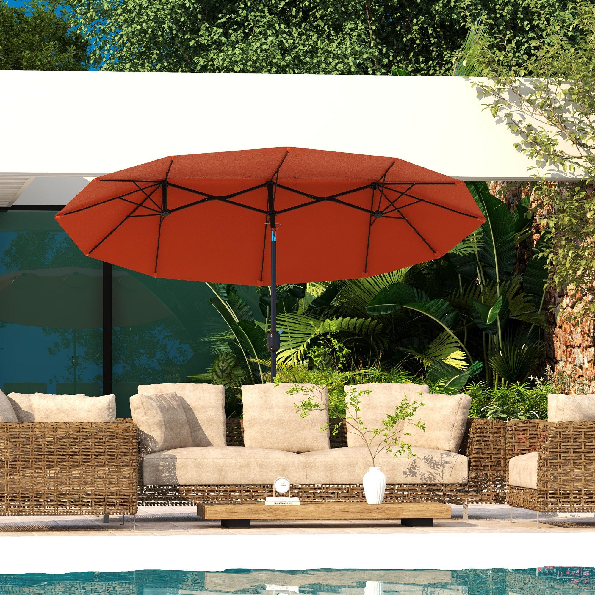 Outsunny Sonnenschirm mit Handkurbel, verstellbarem Neigungswinkel, LxB: 295x152 cm, Doppelsonnenschirm, Gartenschirm, für Terrasse Pool Weinrot