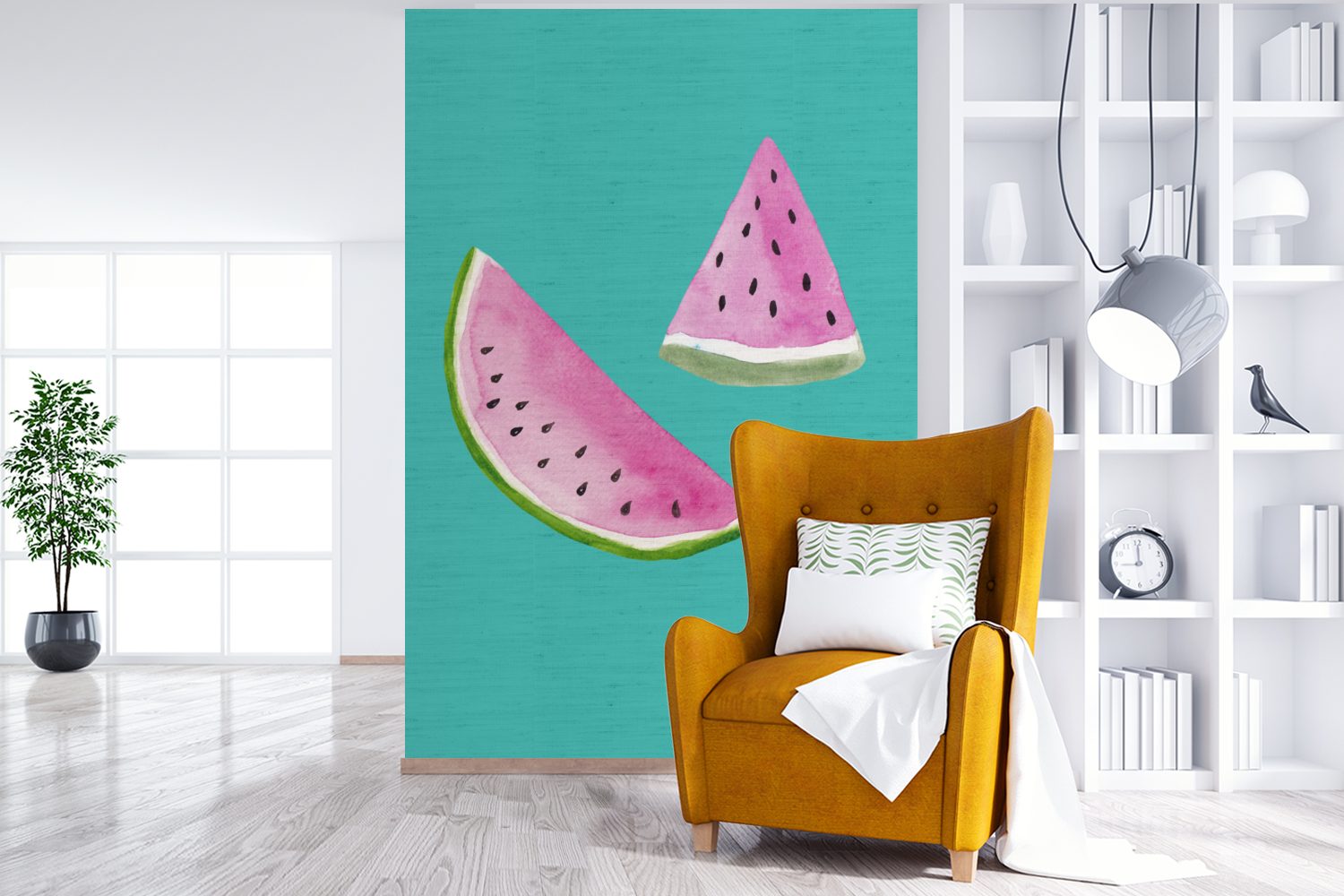 MuchoWow Fototapete Wassermelone - Wandtapete St), bedruckt, - Montagefertig (3 Wohnzimmer, Blau, für Matt, Tapete Vinyl Aquarell