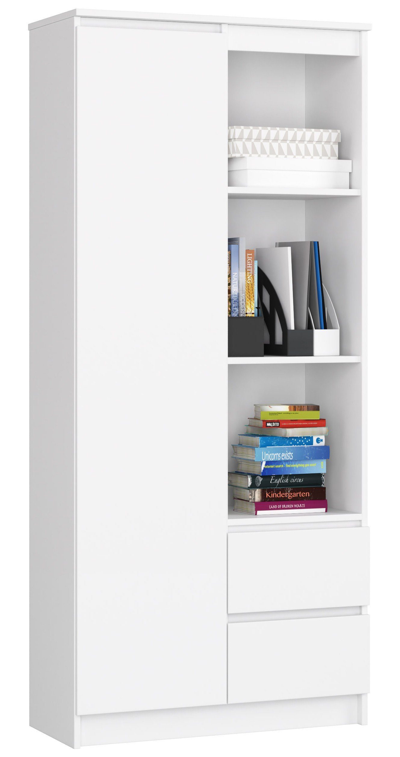 Home Collective Bücherregal Schrank Büroregal weiß 80cm breit 180cm hoch, mit Tür und 2 Schubladen unten