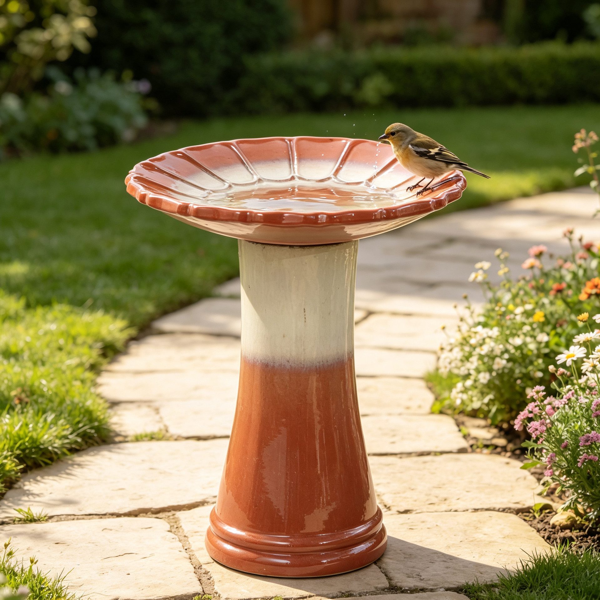 LVHOM Vogeltränke Keramik-Vogelbad, Blütenrelief/Farbverlauf, Ø43cm, wetterfest ganzjährig, Halbhandgefertigt, Farbverläufe, für Beet, Terrasse oder Rasen