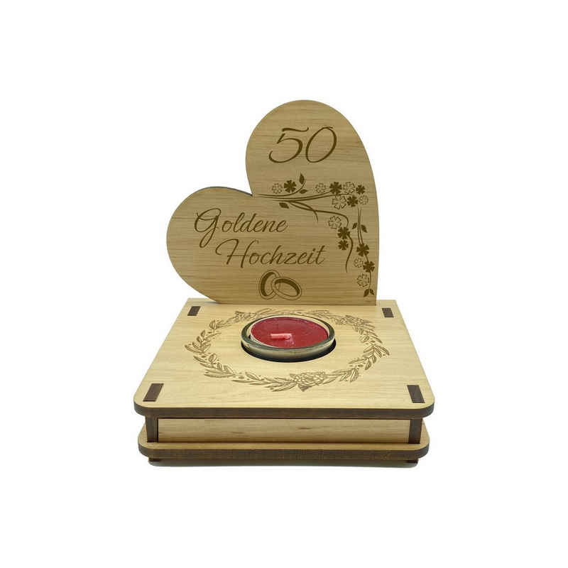 KS Laserdesign Teelichthalter Kerzenhalter mit Gravur zur goldenen Hochzeit - Geschenkidee zum 50. Jubiläum der Ehe, Hochzeitstag, Goldhochzeit Geschenke, aus Erle Holz