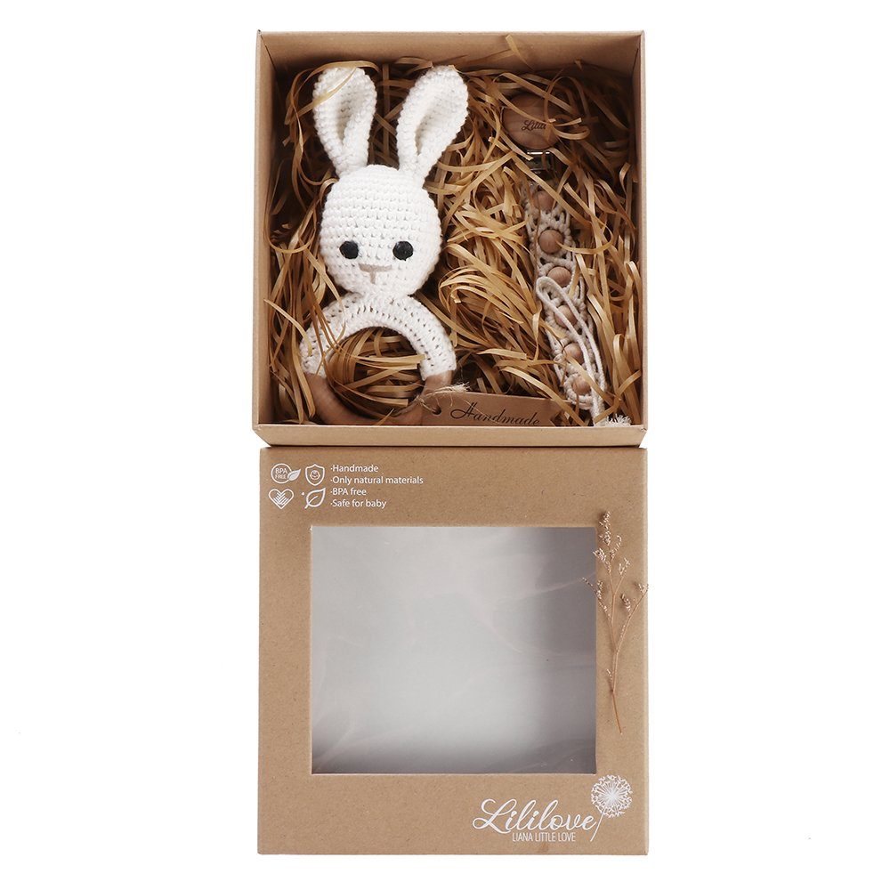 Lililove (Geschenkset, Box 2-teilig, 26cm) Neugeborenen-Geschenkset Lovely Geschenkset Schnullerkette: 13cm, Geschenkset Bunny Rassel: