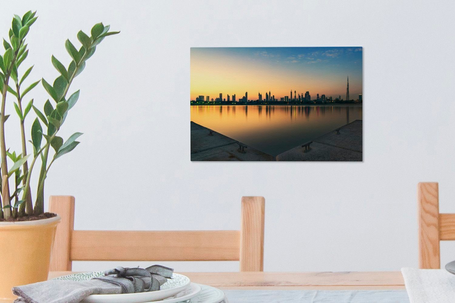 St), Leinwandbilder, Wandbild Leinwandbild 30x20 (1 Wanddeko, Die Dubais OneMillionCanvasses® cm Silhouette bei, von Wolkenkratzern Aufhängefertig, beeindruckende