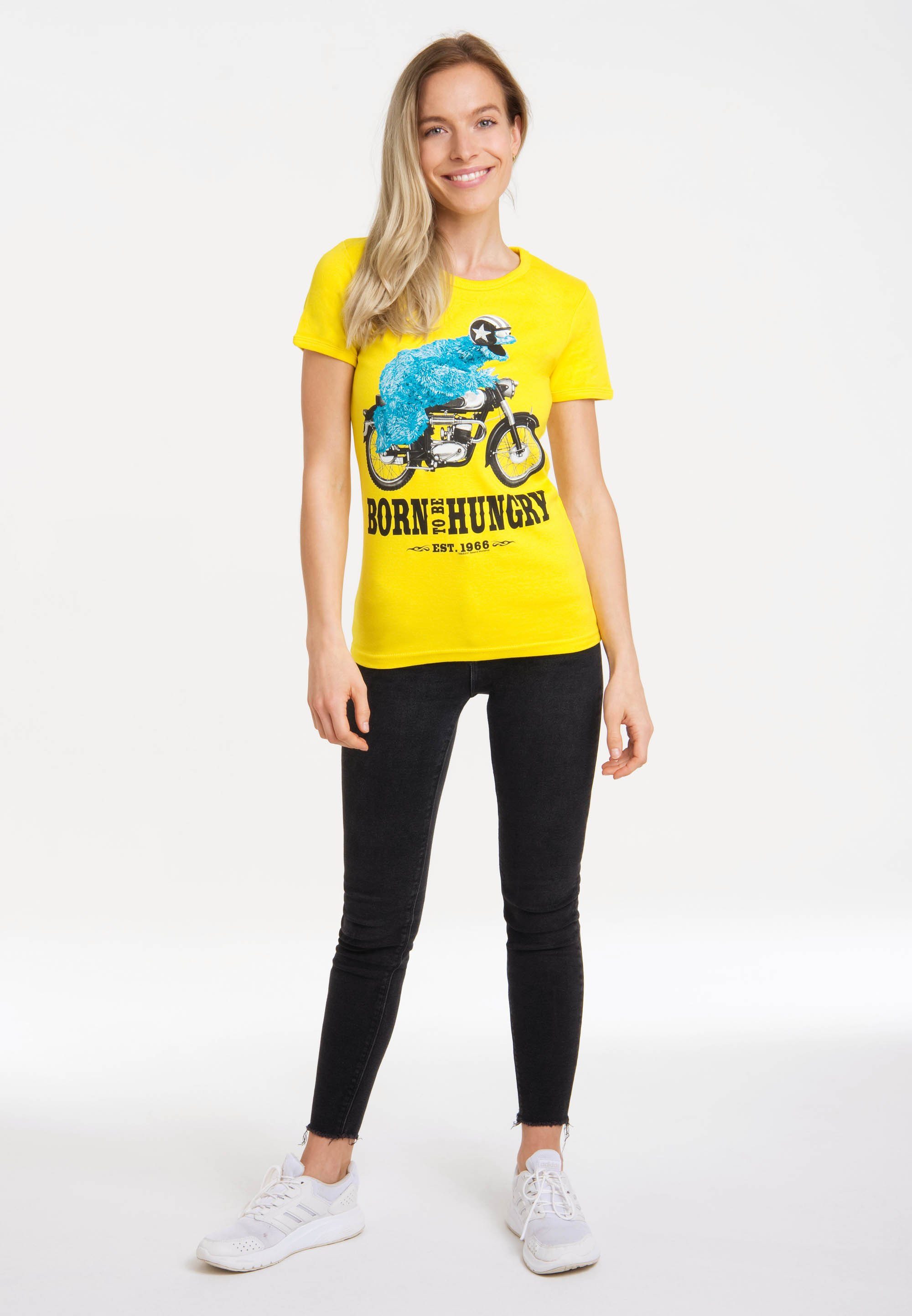 T-Shirt Krümelmonster-Print Krümelmonster Print, Motorrad LOGOSHIRT lizenziertem der als Front Großer – Hingucker auf mit Sesamstrasse