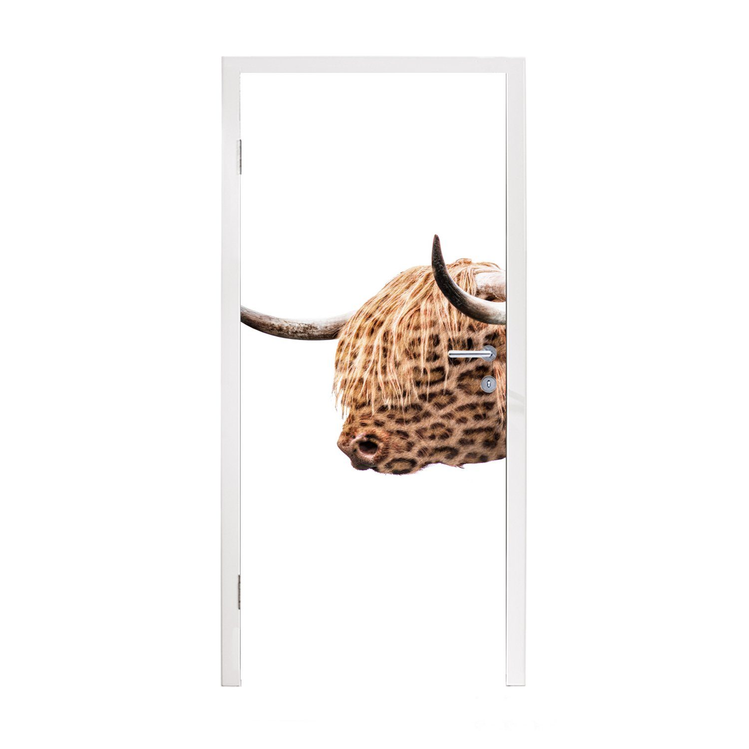 MuchoWow Türtapete Schottischer Highlander - Leopard - Fleece, Matt, bedruckt, (1 St), Fototapete für Tür, Türaufkleber, 75x205 cm