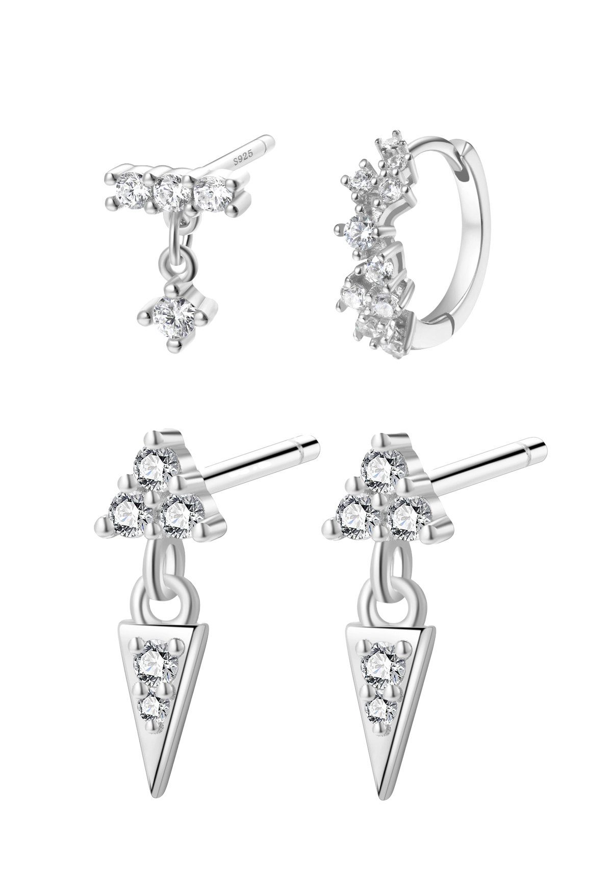 Hey Happiness Ohrring-Set Geo 925 Silber Damen Kristall klein 4-tlg., 18K Vergoldet, Layer Ohrringe Zirkonia hängend, Silber Dreieck Ohrstecker Zirkonia