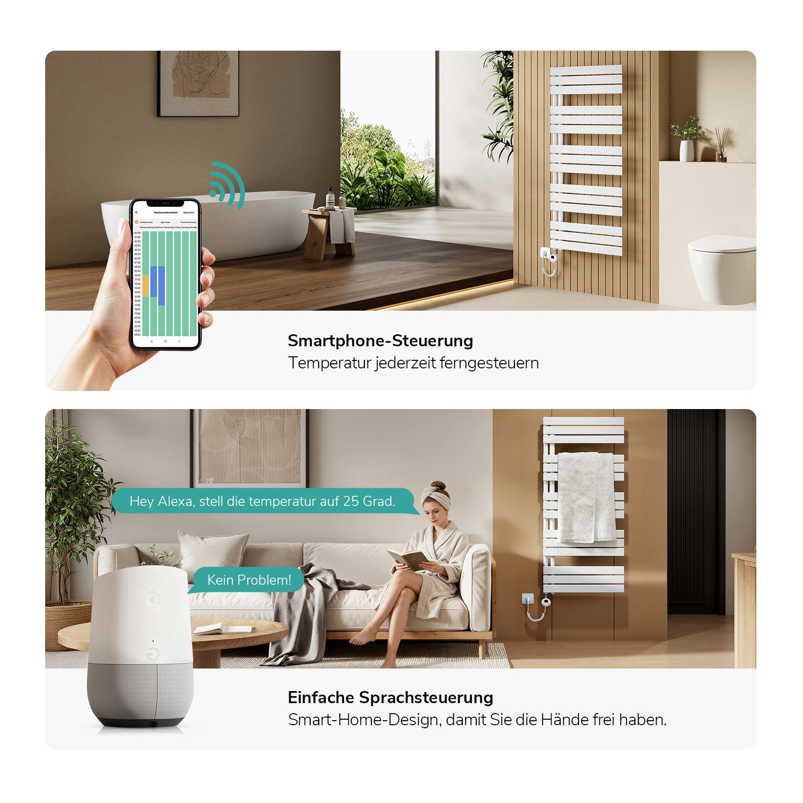 EMKE Elektrischer Badheizkörper WLAN- und App-Steuerung mit intelligentem Thermostat Elektroheizung, Weiß 4 Heizmodi, IPX4, Kindersicherung 400W~1000W – Bild 5 von 5
