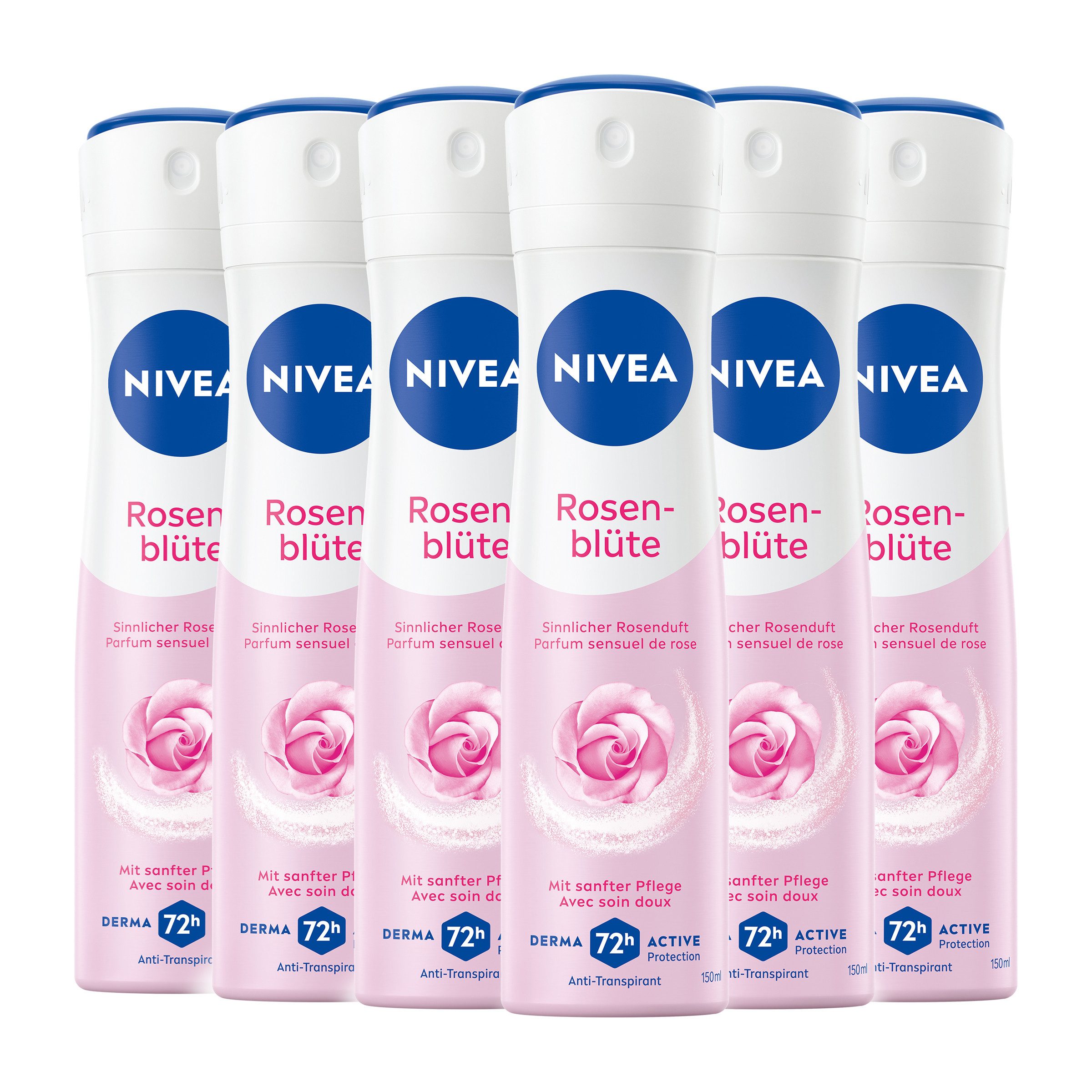 Nivea Deo-Spray Deodorant Rosenblüte Deo Spray, 6 x 150ml, Set, 6-tlg., DERMA 72h Aktiv-Schutz