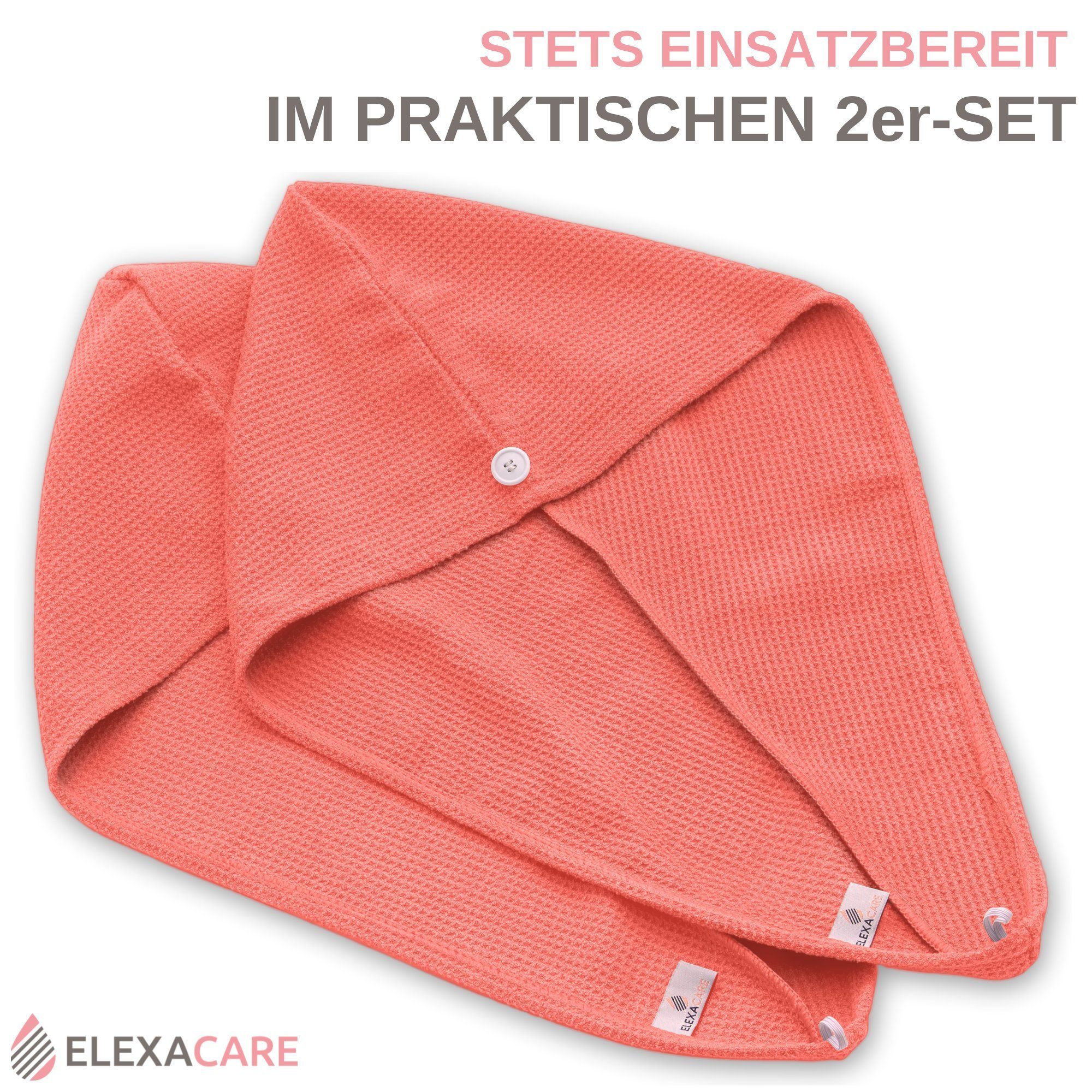ELEXACARE Turban-Handtuch Haarturban mit Knopf, Mikrofaser (2-St), Turbanhandtuch mit Knopf und Schlaufe