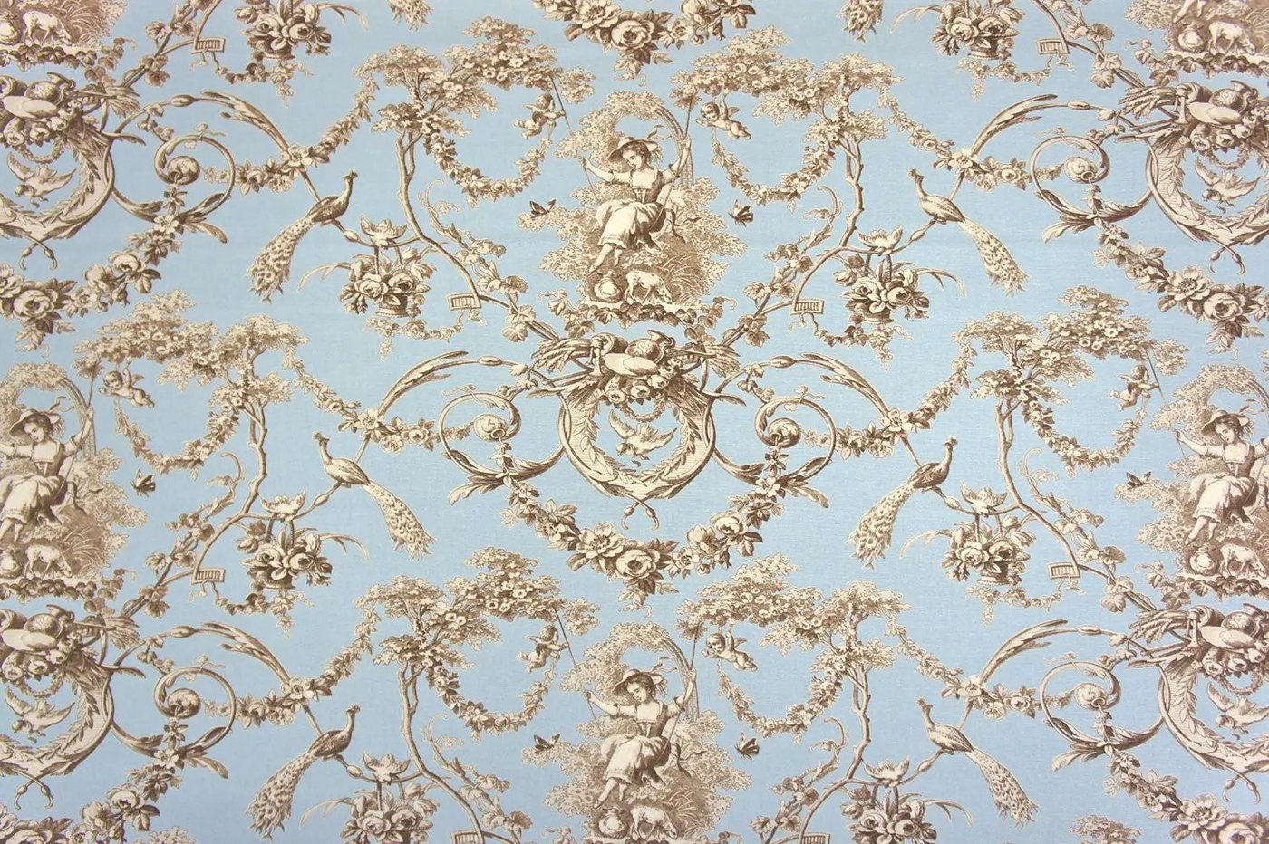 Stofferia Stoff Dekostoff Baumwolle Toile de Jouy Ludivine Hellblau, Meterware