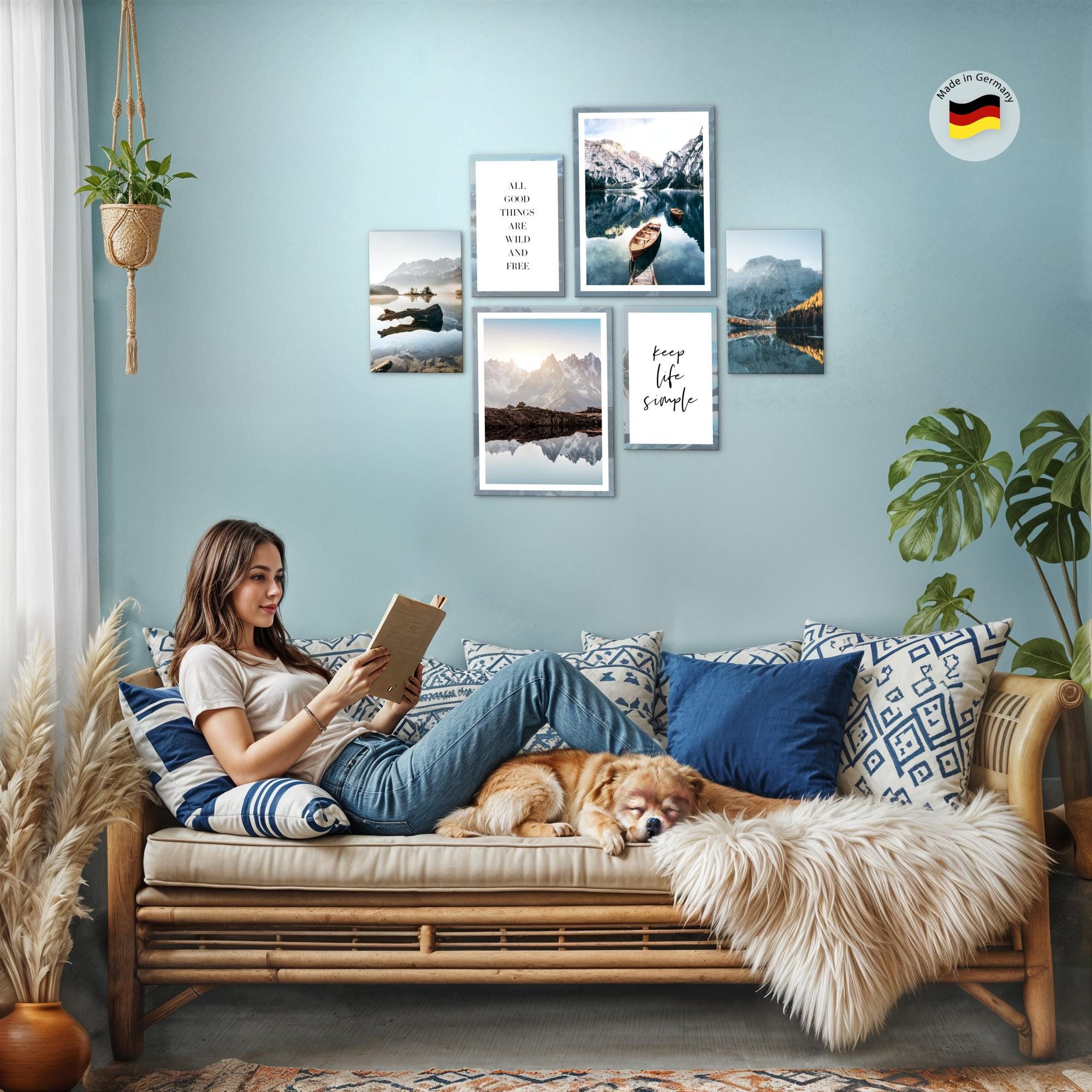 Novart Wandbild Wandbilder Wohnzimmer See Berge Natur - AUFHÄNGFERTIG 90x80 cm, Landschaft