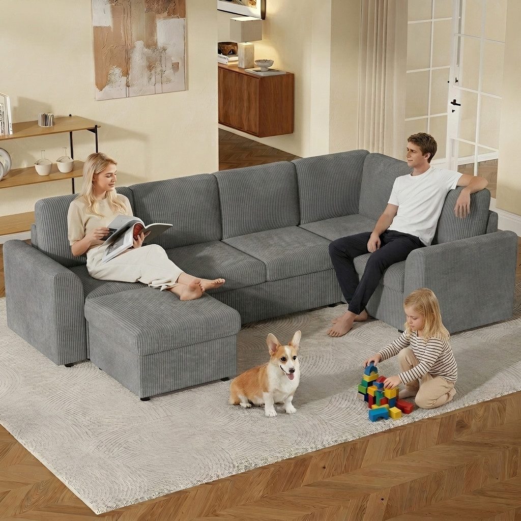 Flieks Ecksofa L-förmig inkl. beweglicher multifunktionaler Hocker mit Stauraum, Hocker mit umklappbaren Deckel als Couchtisch, L282/T153/H85 cm, 6-Sitzer Sofa mit Schlaffunktion Eckcouch Grau, Corduroystoff