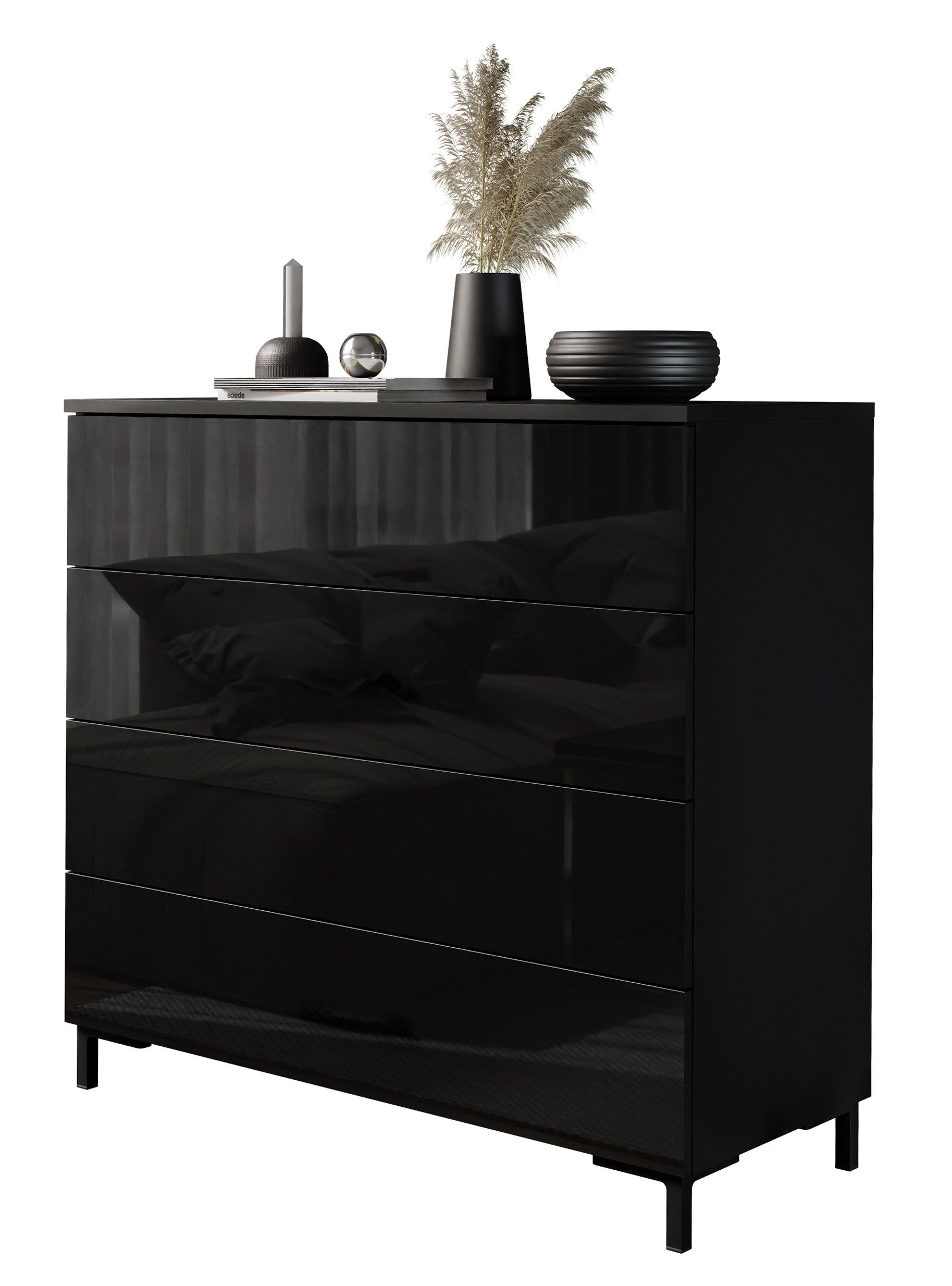 Lookway Kommode LINA 95 PUSH OPEN schwarz Hochglanz mit Beinen, 95x40x86 cm