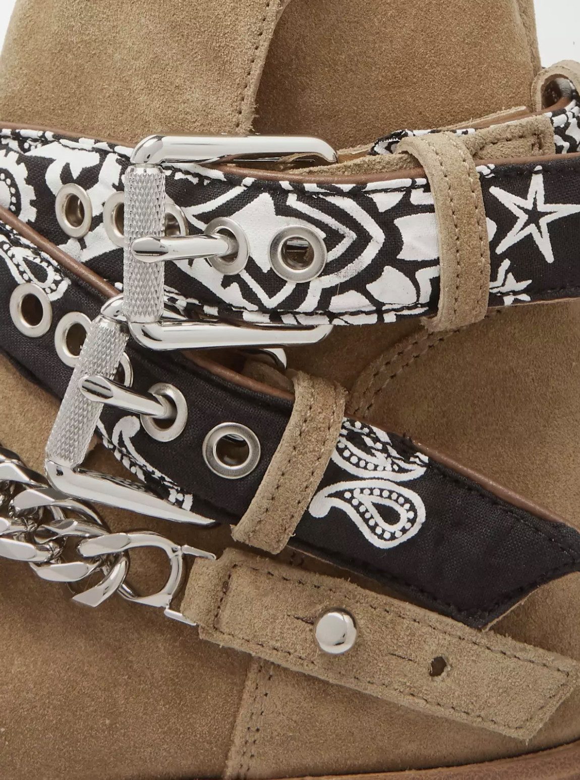 AMIRI Jodhpur Ketten Schuhe Bandana Suede Schuhe Bootsschuh Crossover-Bandana-Riemen, Silberfarbene Kette