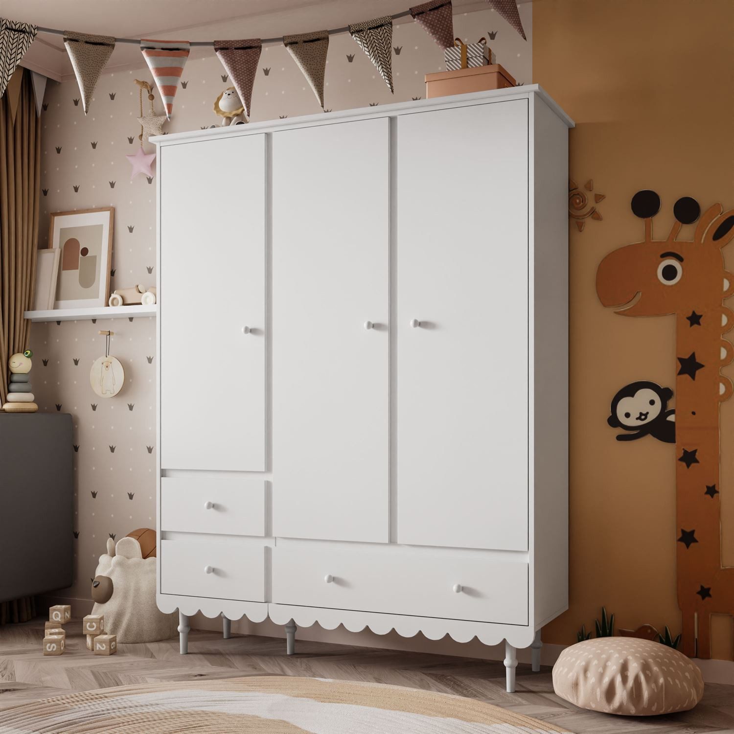 Lookway Kinderkleiderschrank BABUSHKA Dreitüriger Kleiderschrank mit Schubladen.