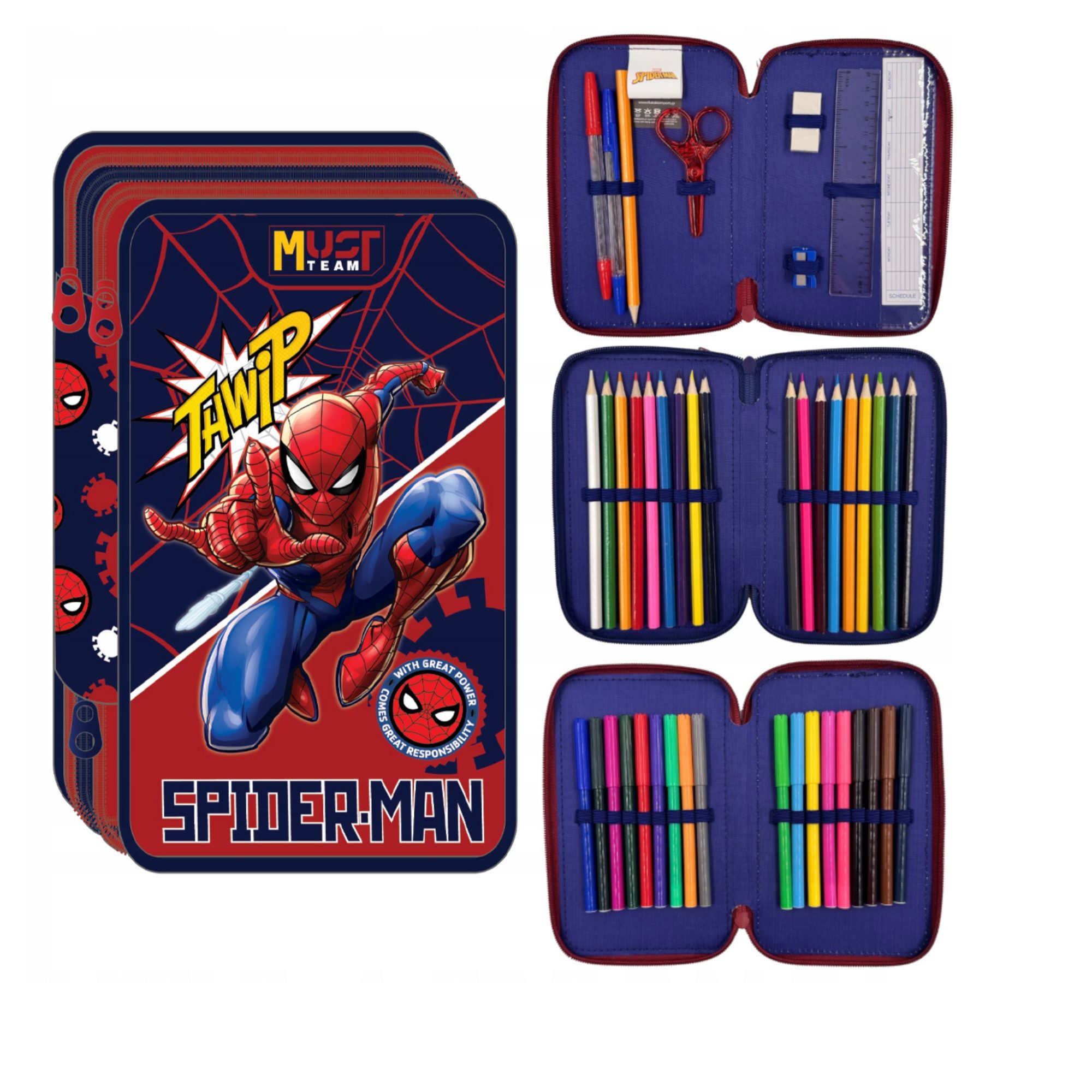 GOLDKIDS Federmäppchen 3 Fächer - Mäppchen für Jungen und Mädchen -, (Federmappe 3-Fach Federtasche Gefüllte Schüleretui, Schulmäppchen und Hausaufgabenheft), - Spiderman