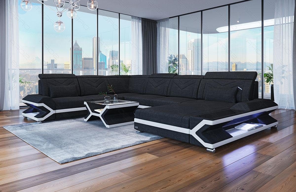 Sofa Dreams Wohnlandschaft Stoff Napoli U USB-Anschluss, Schwarz-Weiss Polstersofa H14 Couch XXL Form Stoffsofa, LED, Schlafsofa, mit Designersofa