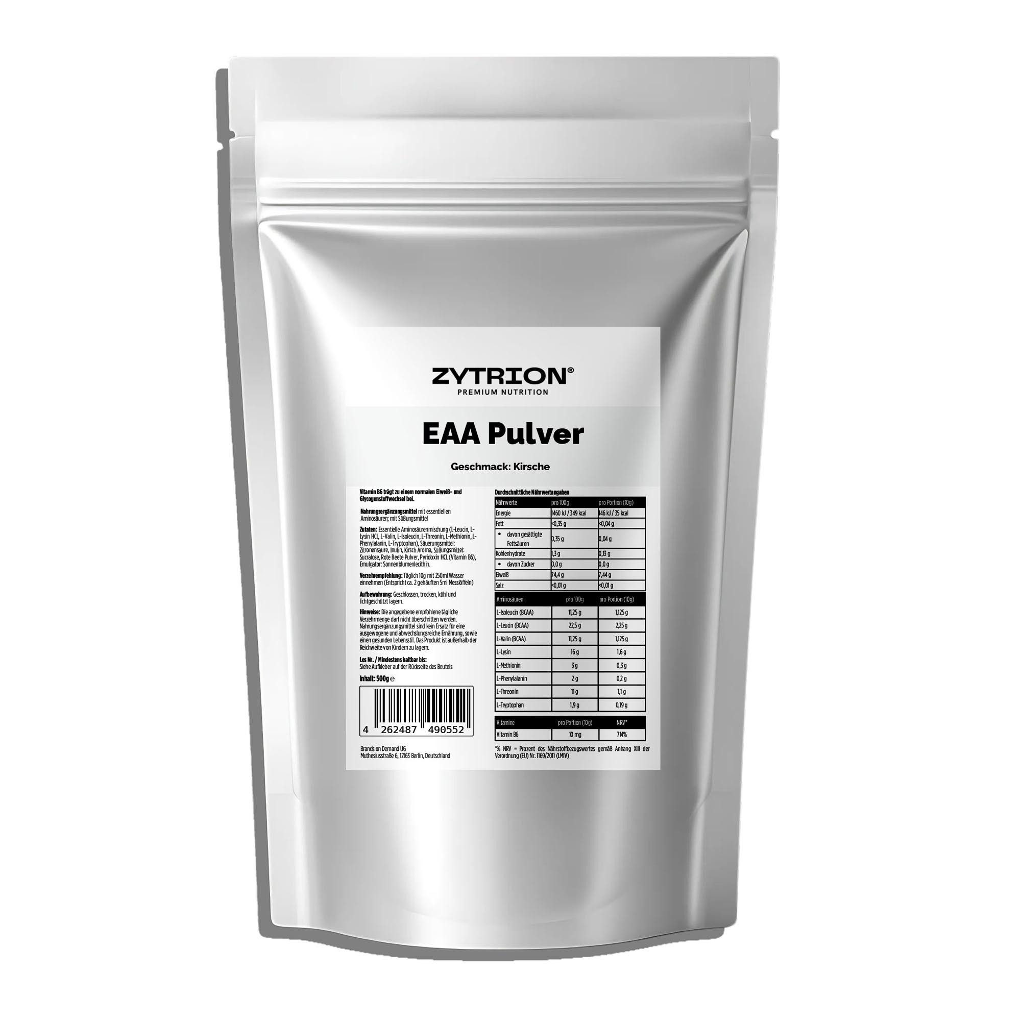 ZYTRION EAA 500 g – Kirsche Geschmack, gut lösliches Pulver, 500 g, EAA-Pulver für Getränke und Speisen
