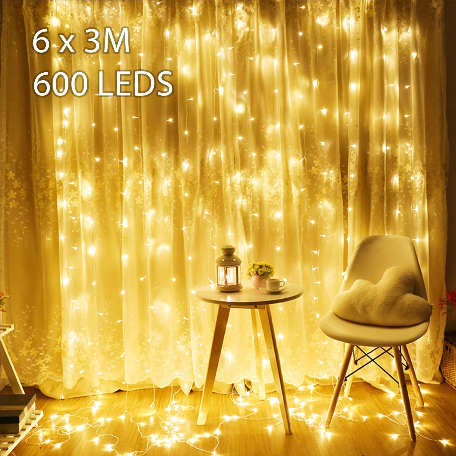 Elegear LED-Lichtervorhang Lichtervorhang 8Modi für fenster, Weihnachtsbäume Weihnachtsdeko, 600-flammig, LED Lichterkette Timer/Memory-Funktion