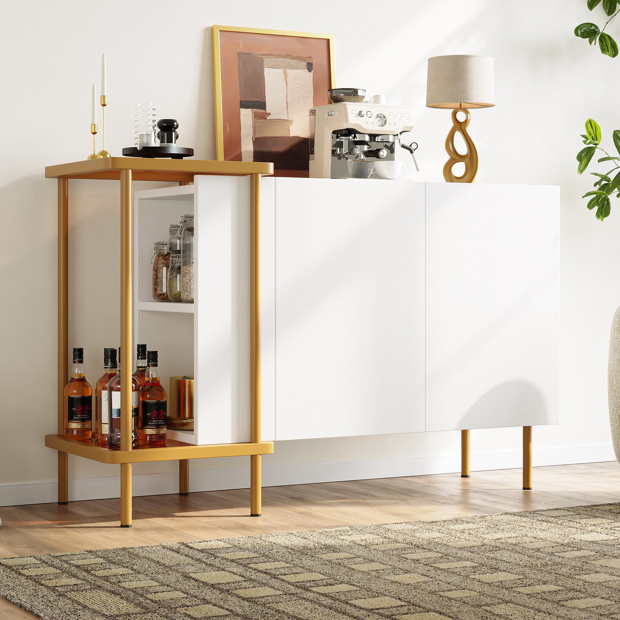 Flieks Sideboard mit 2 Türen, 2 offenen Fächern und verstellbaren Einlegeböden (120x40x77,5 cm, 1 St), Mehrzweckschrank Wohnzimmerschrank Hlozschrank mit Glasablagen