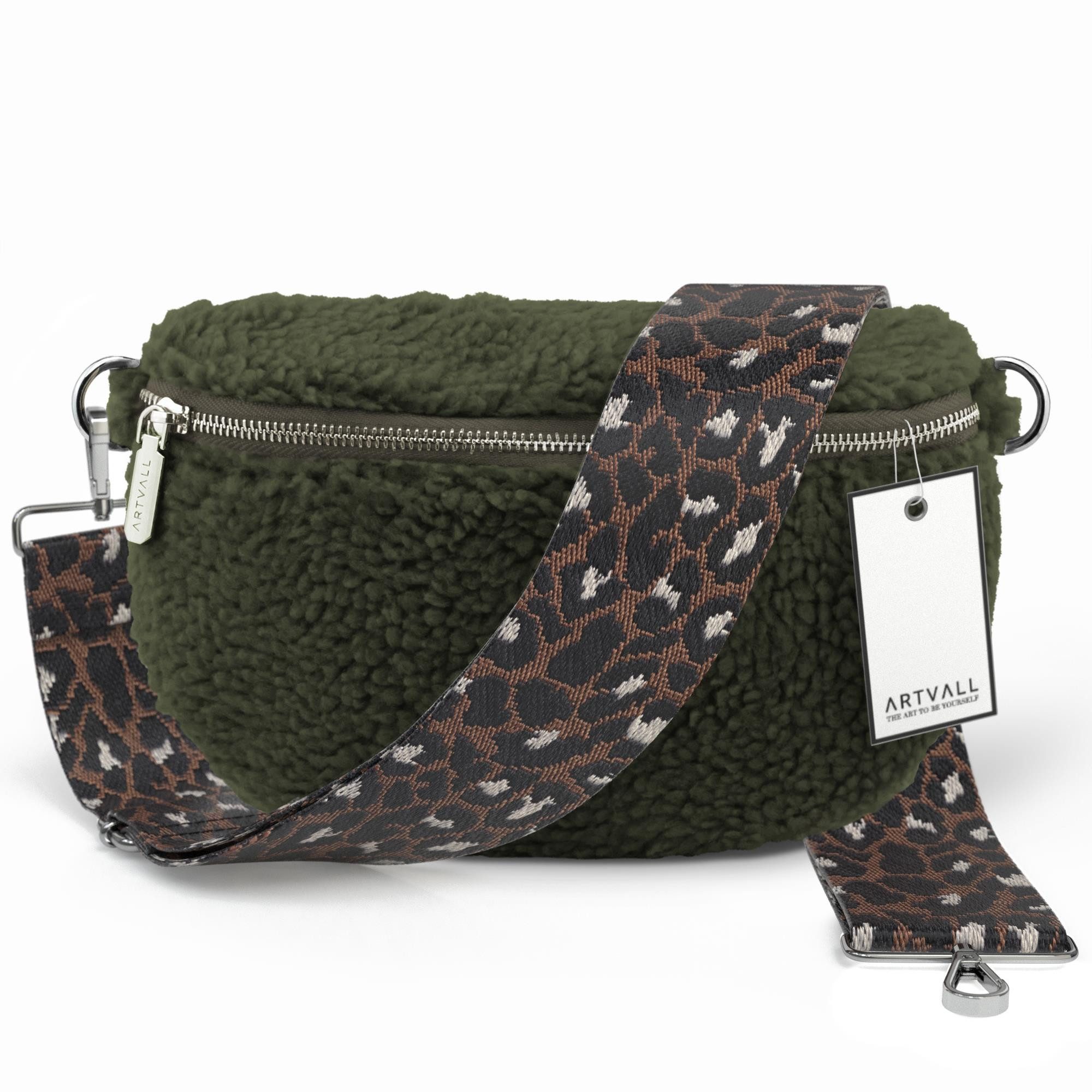 ARTVALL Umhängetasche Teddy Handtasche Damen Bag Brusttasche Olivgrün (Tasche inkl. Taschenband), Bauchtasche Teddytasche mit breitem Band Plüsch Tasche flauschig Klein