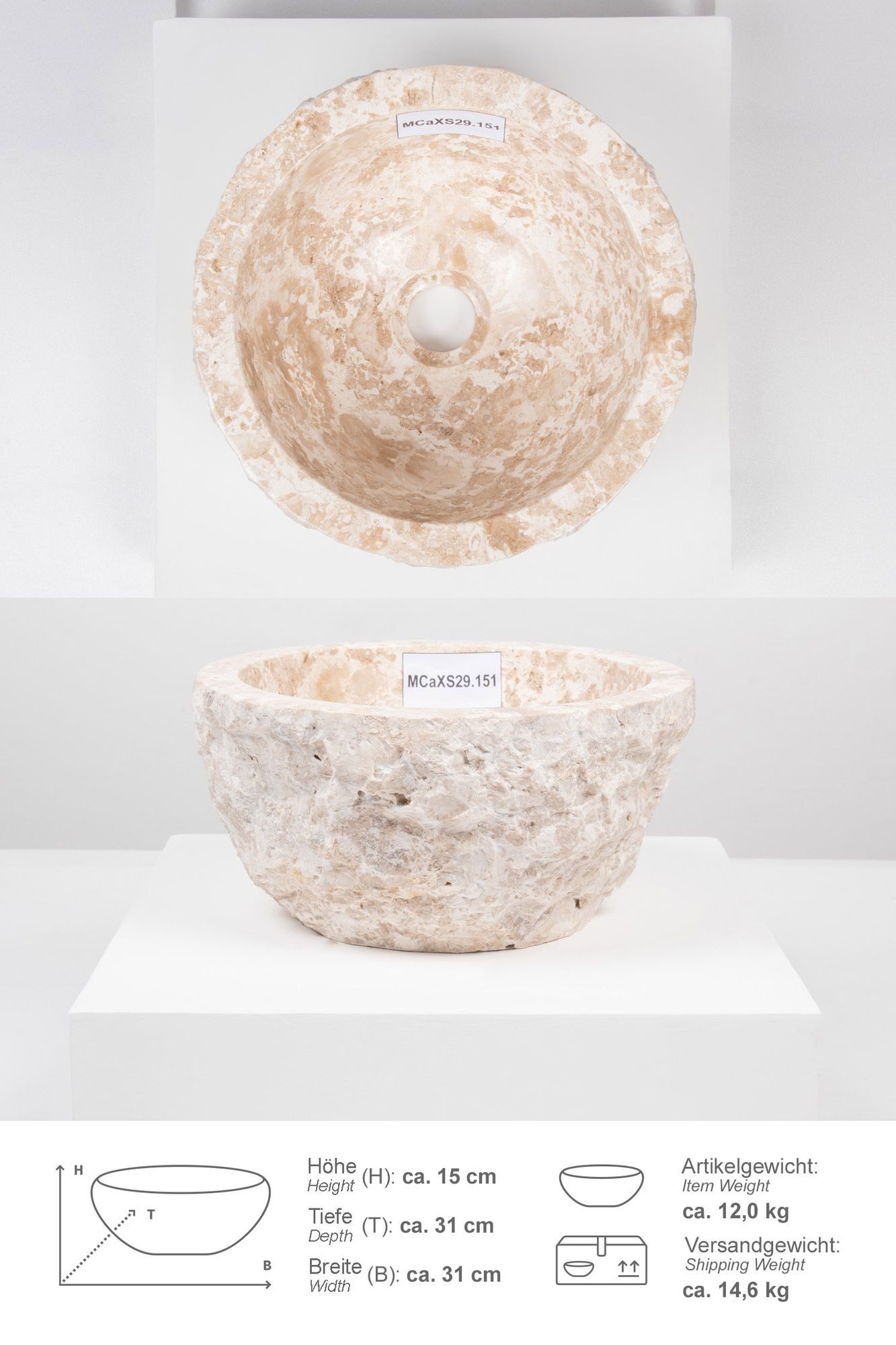 wohnfreuden Aufsatzwaschbecken Erosi Marmor Waschbecken 30 cm creme (Kein S günstig online kaufen