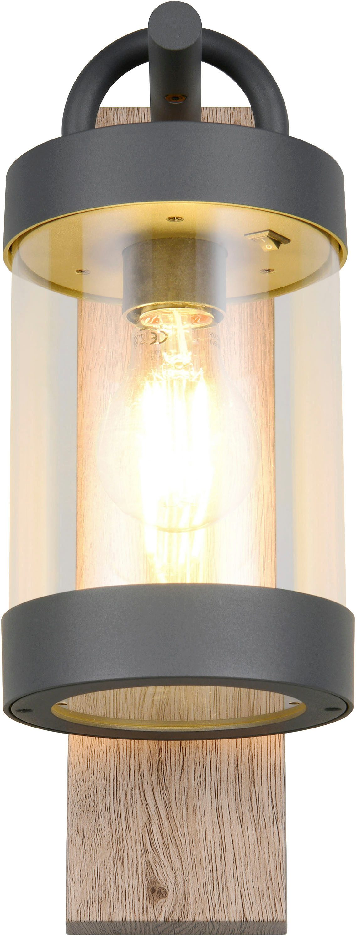 TRIO Leuchten Außen-Wandleuchte SAMBESI, Laternen Optik Hauswand, exkl 1x E27 max 28W Dämmerungssensor, Leuchtmittel wechselbar, warmweiß - kaltweiß, Fassadenbeleuchtung aus Alu Druckguss, Rückenplatte Holz Nachbildung