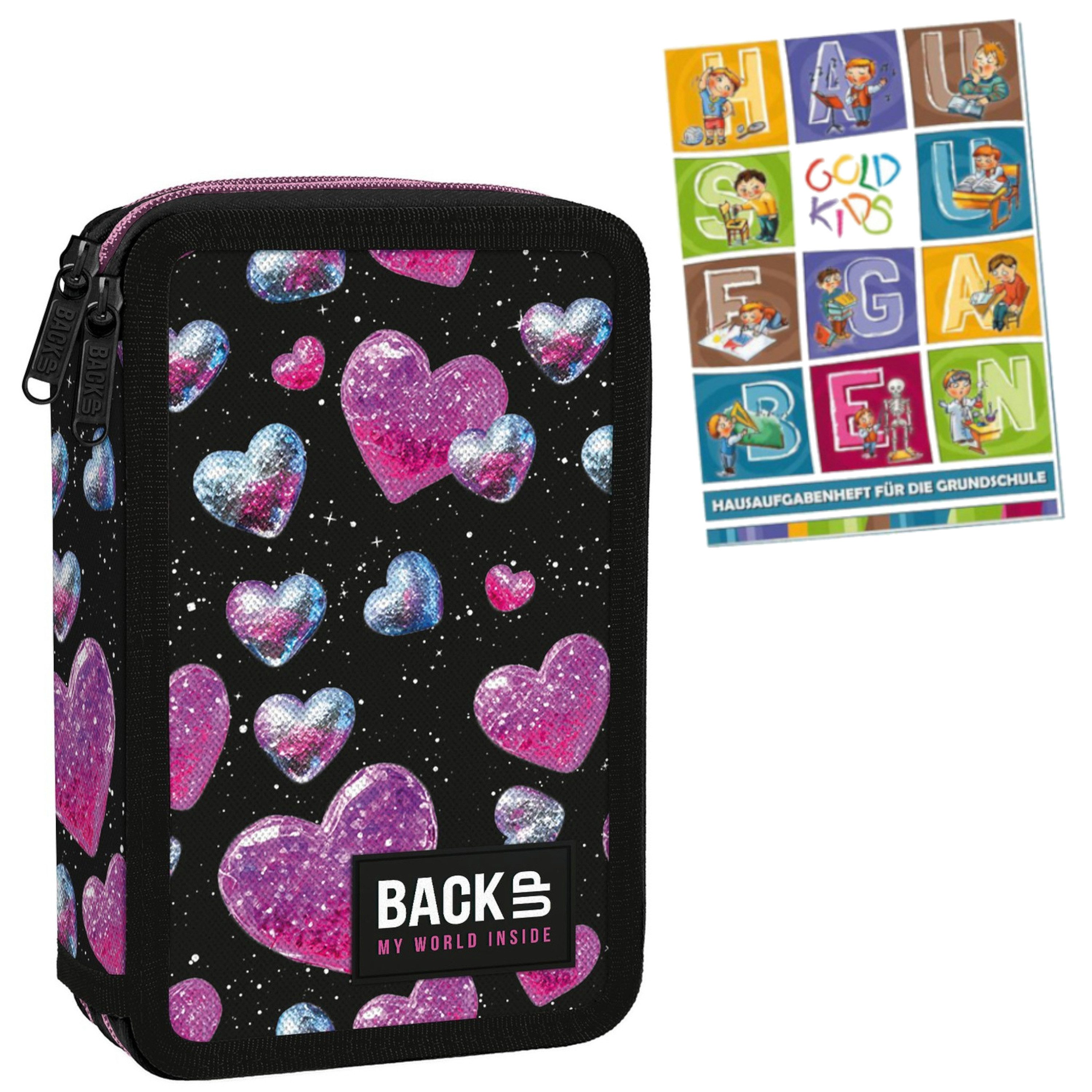 GOLDKIDS Federmäppchen 2 Fächer - Mäppchen für Mädchen und Jungen -, (Federmappe 2-Fach Federtasche, Gefüllte Schüleretui Schulmäppchen), und Hausaufgabenheft