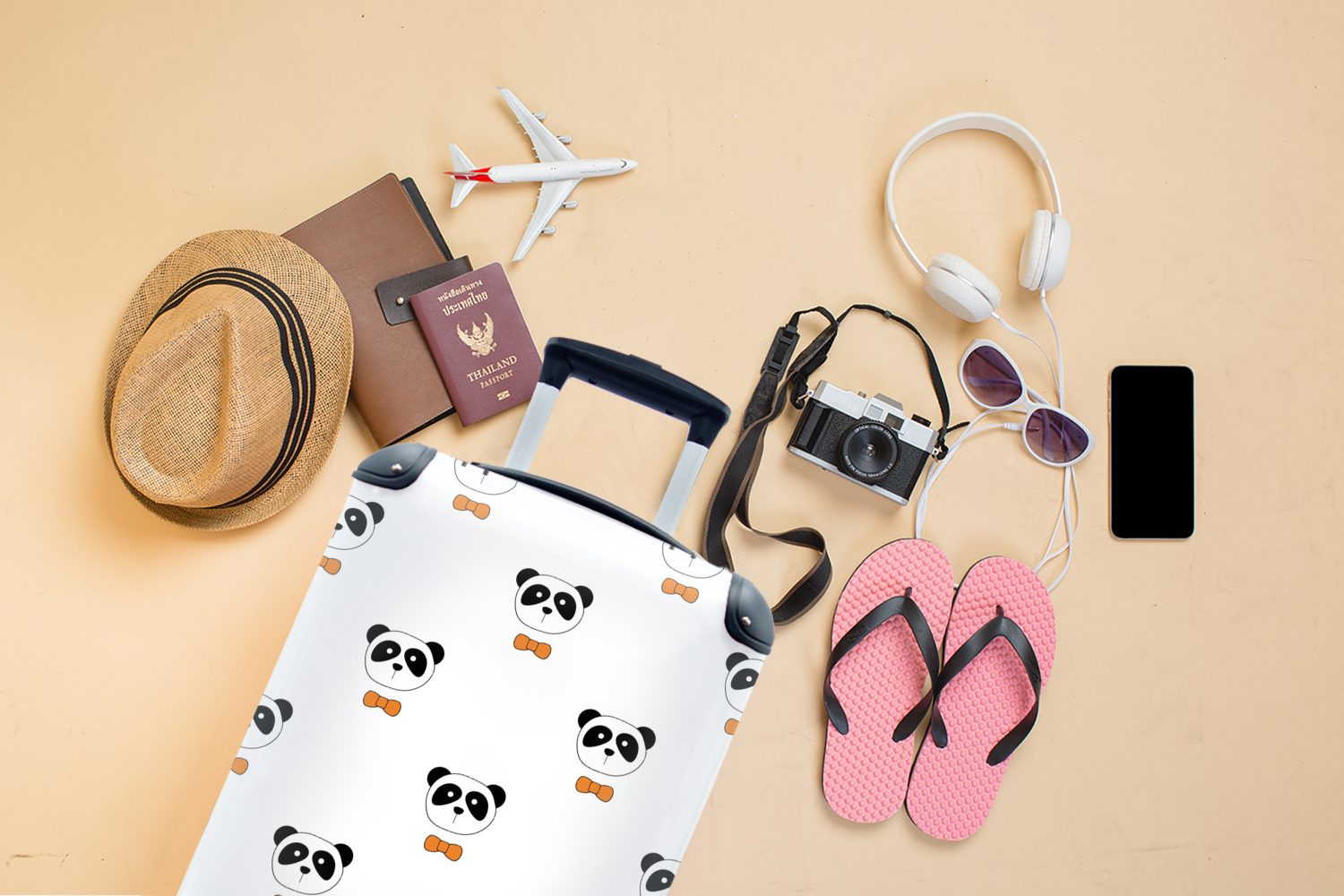 Handgepäck Weiß Muster, rollen, Ferien, 4 Rollen, mit MuchoWow - Reisekoffer Panda Schwarz Trolley, - - für Reisetasche Handgepäckkoffer
