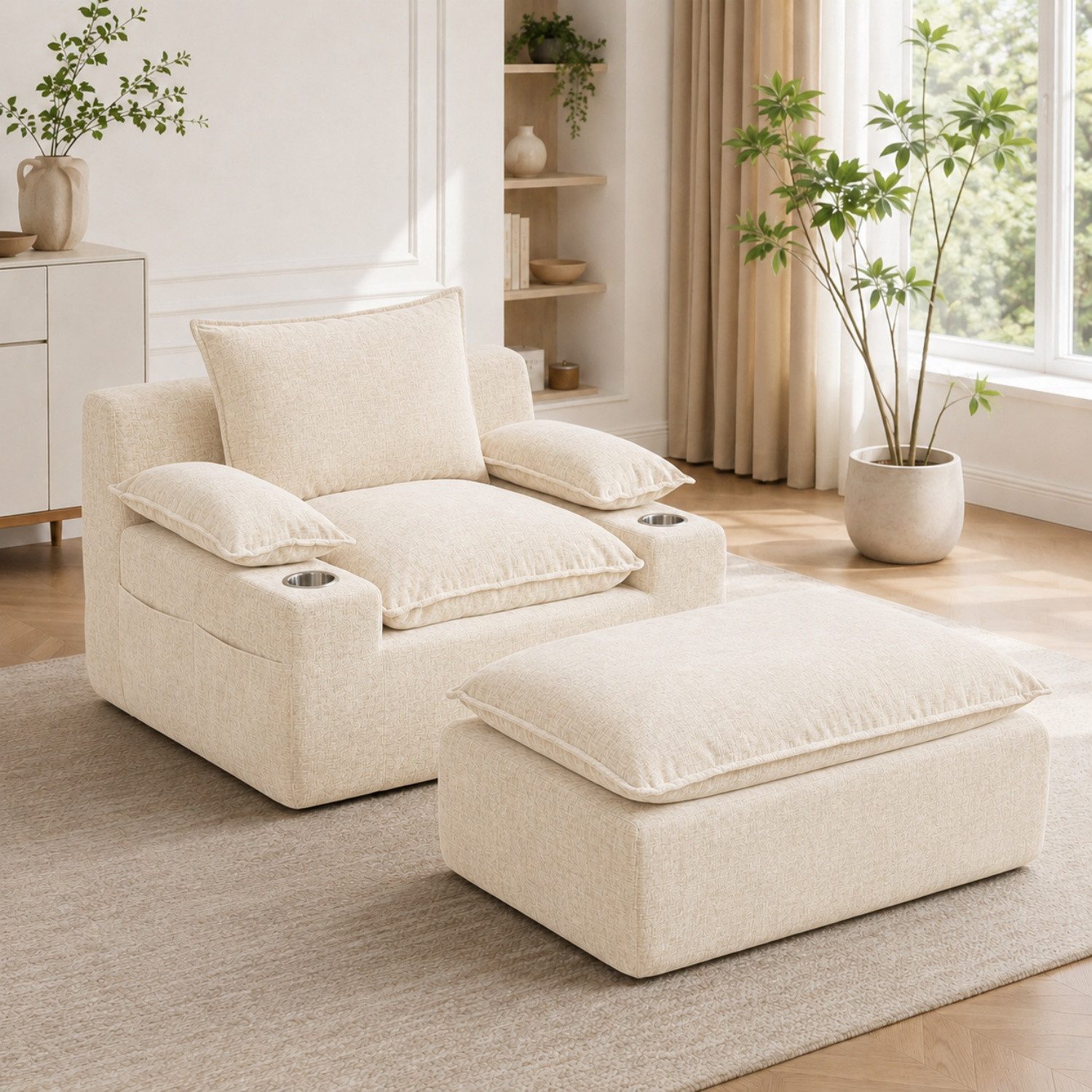 ANYSUN Relaxsessel Chaiselongue-Sessel für den mit Ottomane,Armsessel,Loungesessel (Single Seat Bodensofa mit Fußstütze,Becherhalter und Aufbewahrungstaschen), Lesesessel, gepolsterter Chenillestoff-Sessel, für Wohn/Schlafzimmer