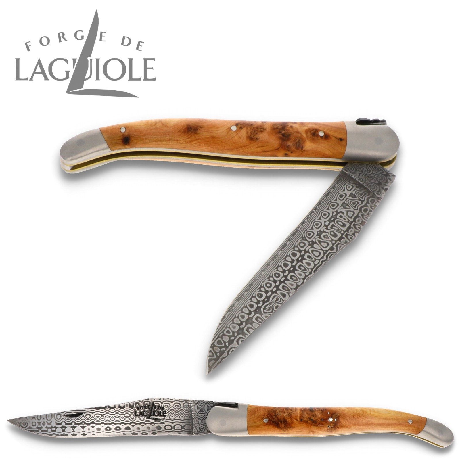 Forge de Laguiole Taschenmesser 1212 F IN GE SAT DP DIN RO, Griff 12cm Wacholder - Damastklinge - Doppelplatine - Backen satiniert