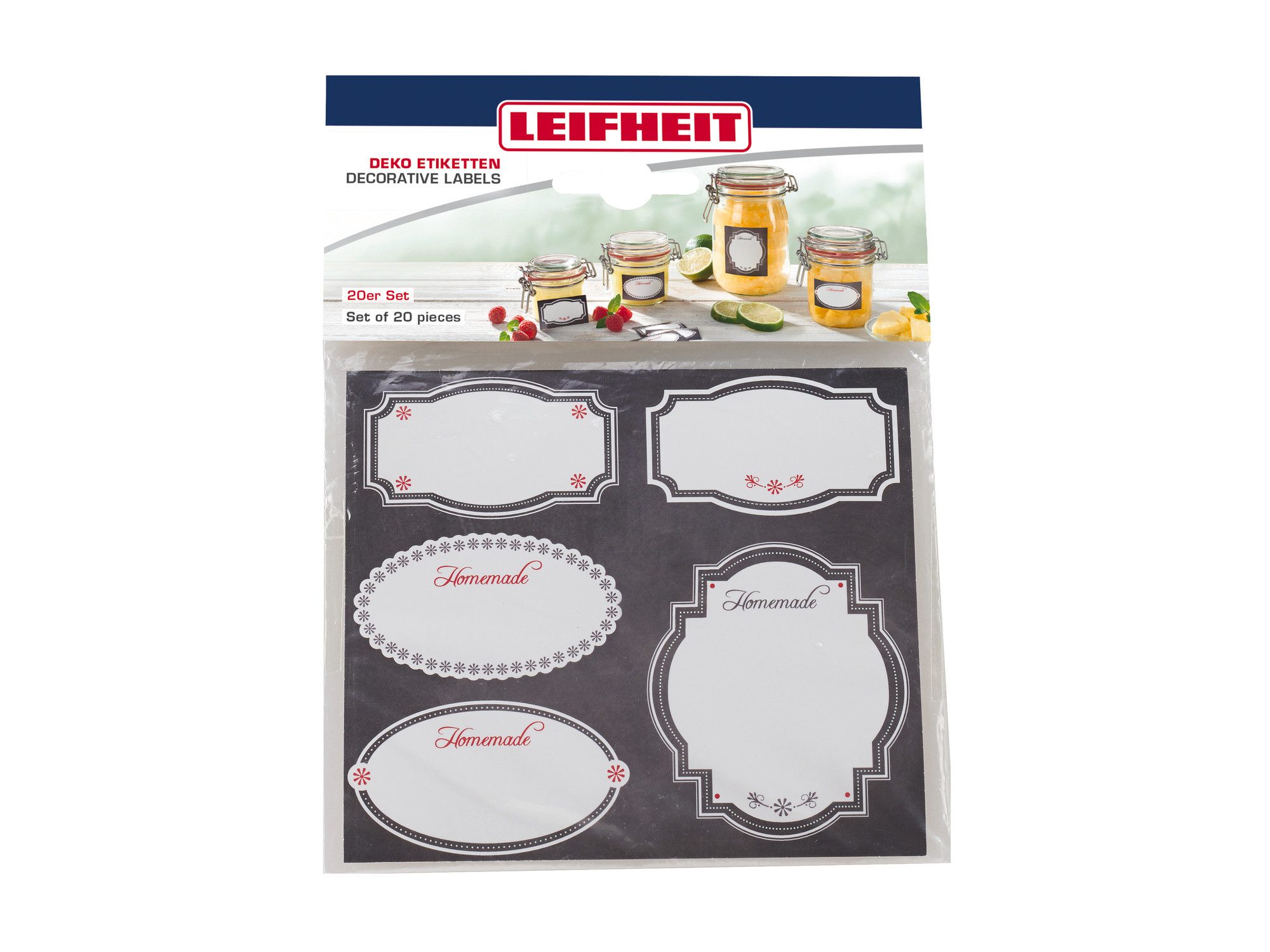 Leifheit Einmachglas Deko Etiketten Schwarz & Weiß, Papier, 20 Etiketten, zum Beschriften, verschiedene Größen, selbstklebend