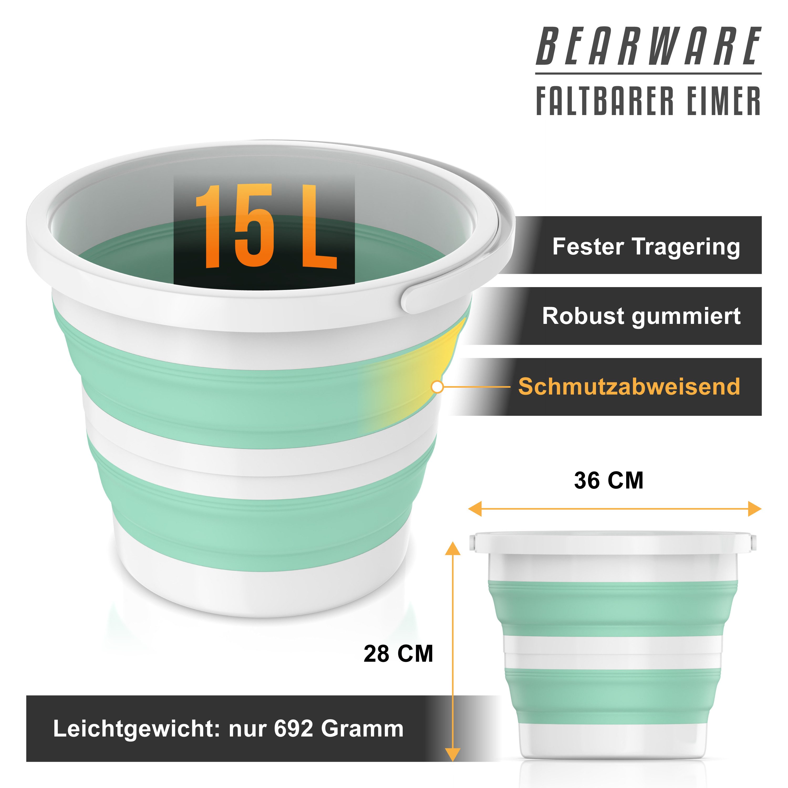 BEARWARE Falteimer Putzeimer 15 l, Campingeimer mit Griff & Öse, rund, (1-tlg), faltbar von 28 auf 6,3 cm, ca. 70% Platzersparnis, schmutzabweisend