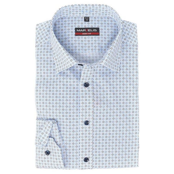 MARVELIS Businesshemd Businesshemd - Body Fit - Langarm - Muster - Blau Allover-Print Kontrastknöpfe