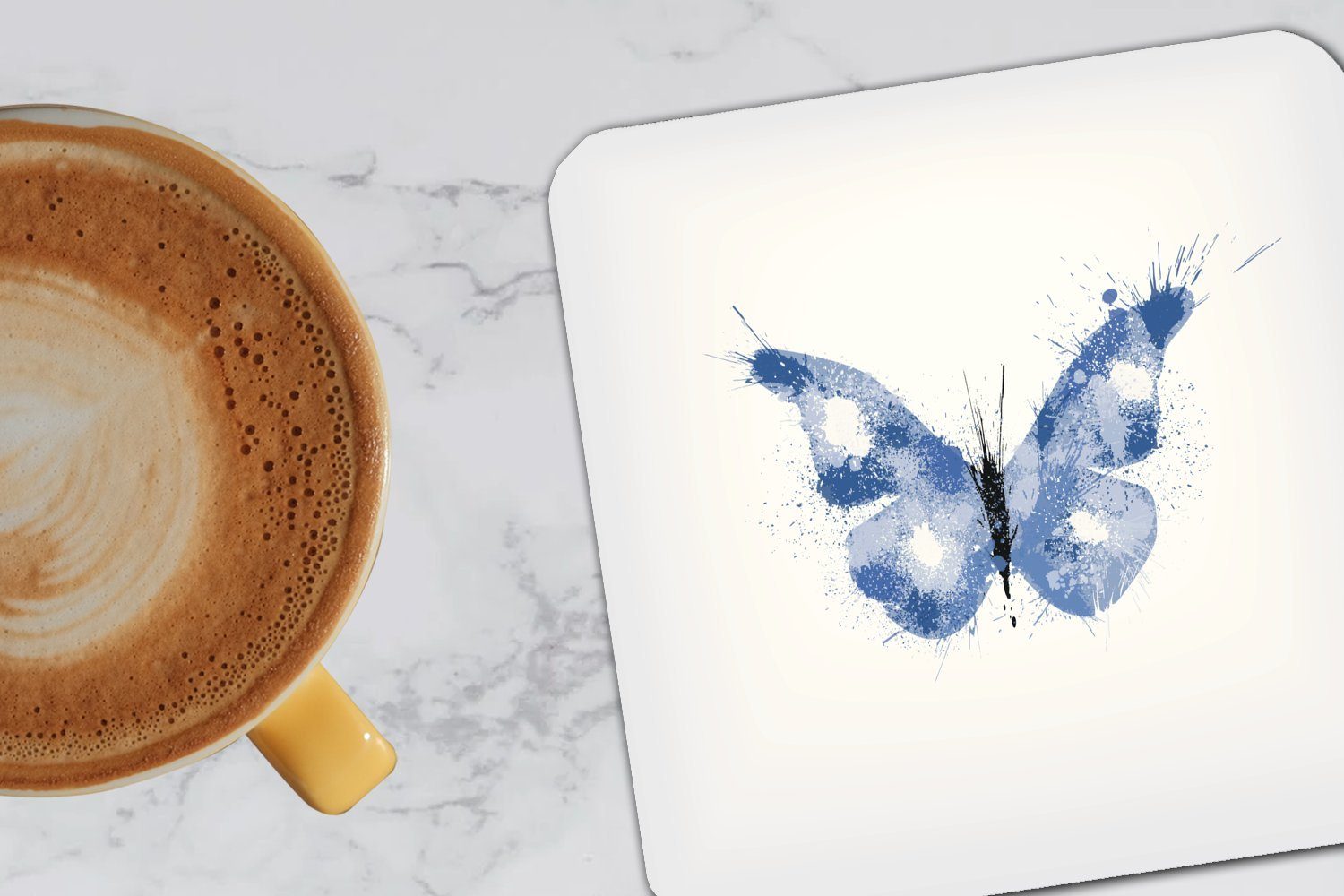MuchoWow Glasuntersetzer Eine Illustration eines Glasuntersetzer, Tasse Schmetterlings, blauen Untersetzer, 6-tlg., für Gläser, Zubehör Tischuntersetzer, Korkuntersetzer