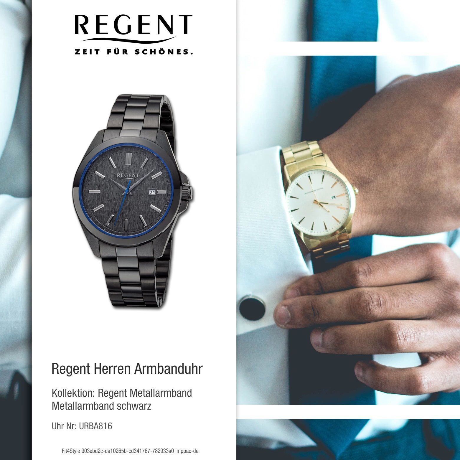 41mm), blau (ca. Armbanduhr Regent Analog, Metallarmband Armbanduhr Regent Quarzuhr rund, extra groß Herren Herren