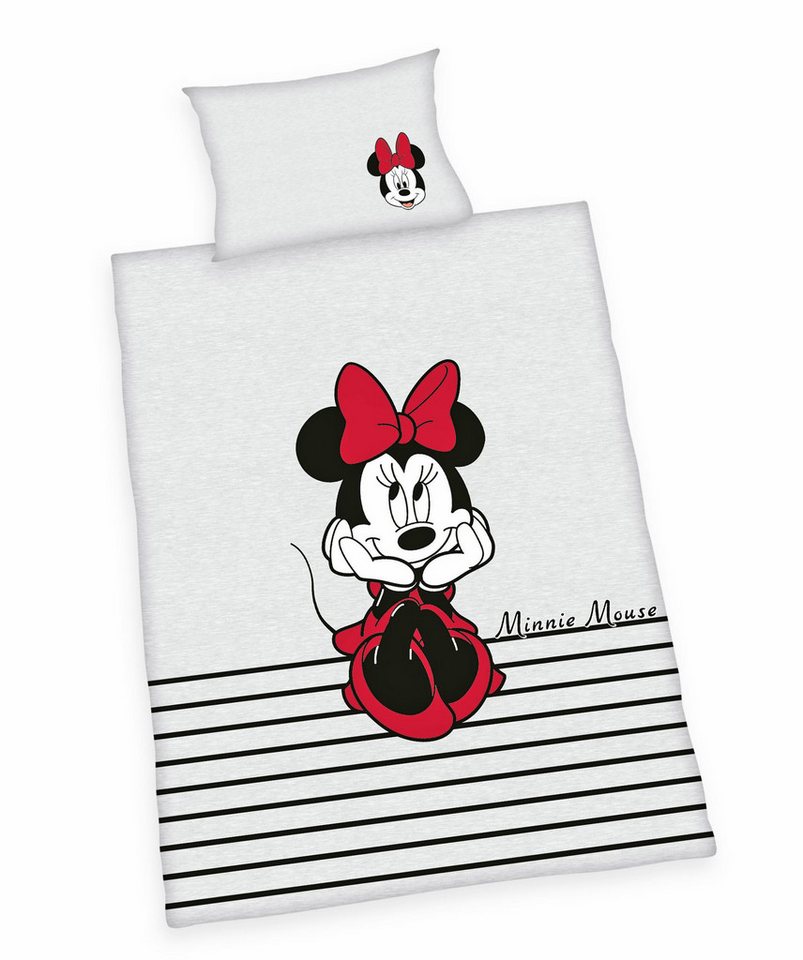 Herding Babybettwäsche 100x135cm Disney Minnie Mouse Grau Schwarz Rot, Renforcé, 2 teilig, süßes Design mit Reißverschluss am Bettbezug