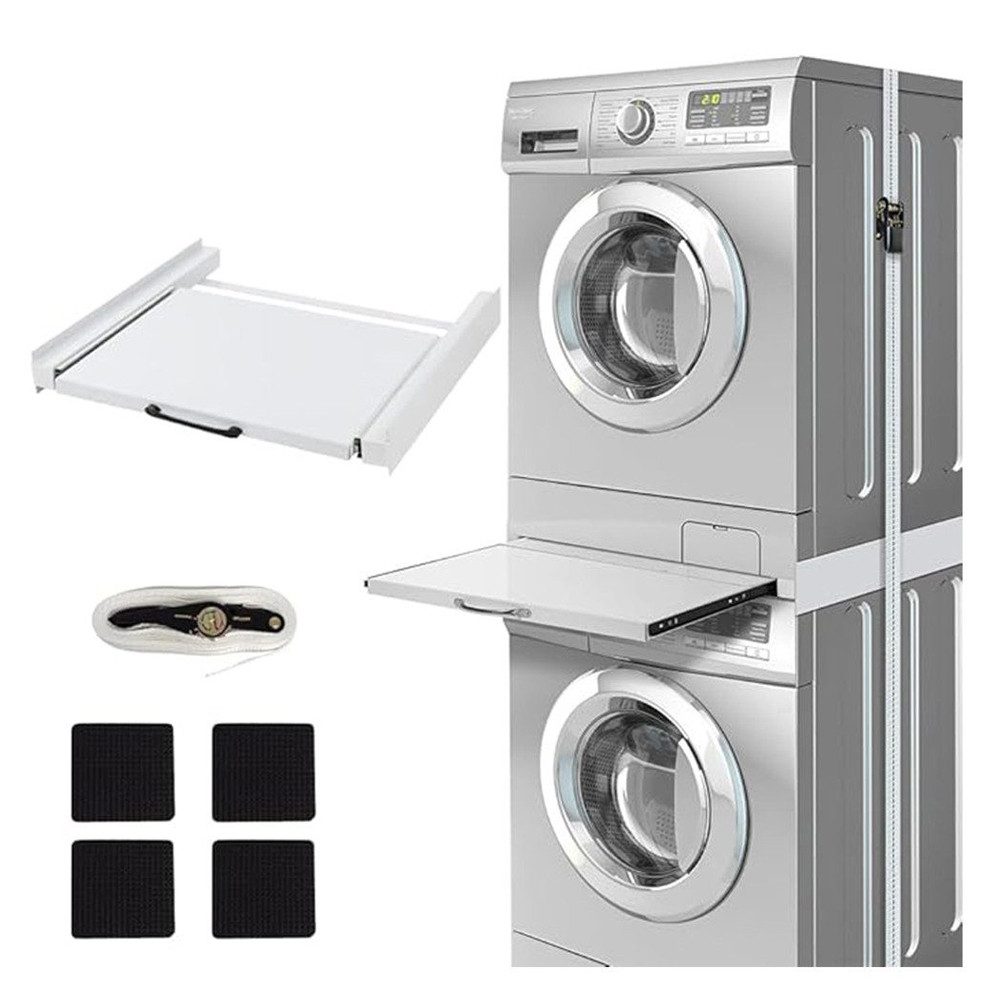 XERSEK Zwischenbaurahmen Metall Verbindungsrahmen mit Ausziehplatte Verdickte Zwischenbaurahmen (Universal Zubehör für Waschmaschine Trockner, Wäschekorb, Ausziehbarer Ablage Max.150kg), inkl. Zurrgurt, Weiß