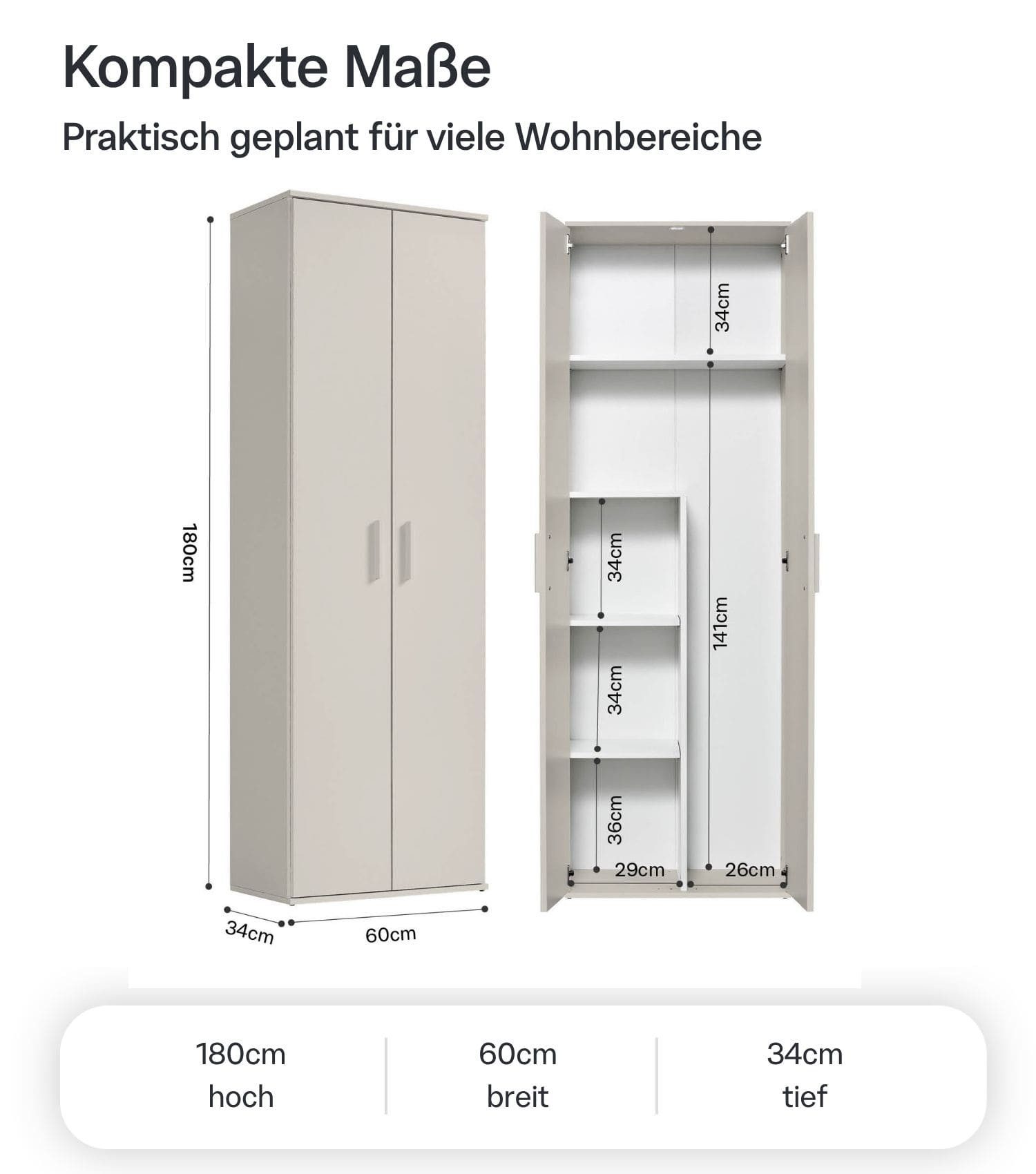 mokebo Mehrzweckschrank Der Lange (60x180 cm, mit Staubsaugerfach) Made in Germany, Besenschrank, Putzschrank, Flurschrank in Beige – Bild 4 von 5